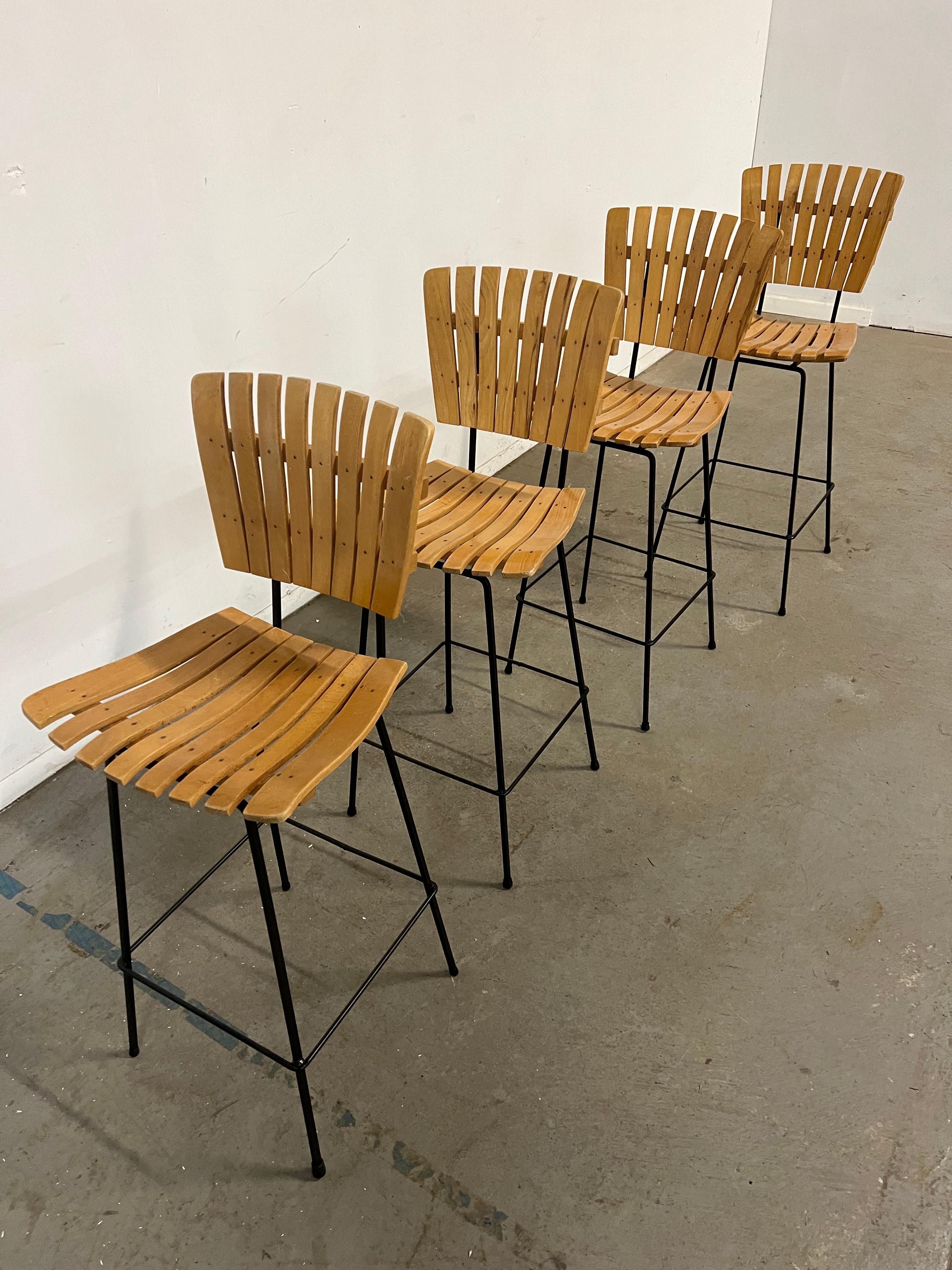 Set of 4 Mid-Century Arthur Umanoff Slat Style Bar Stools For Sale 5