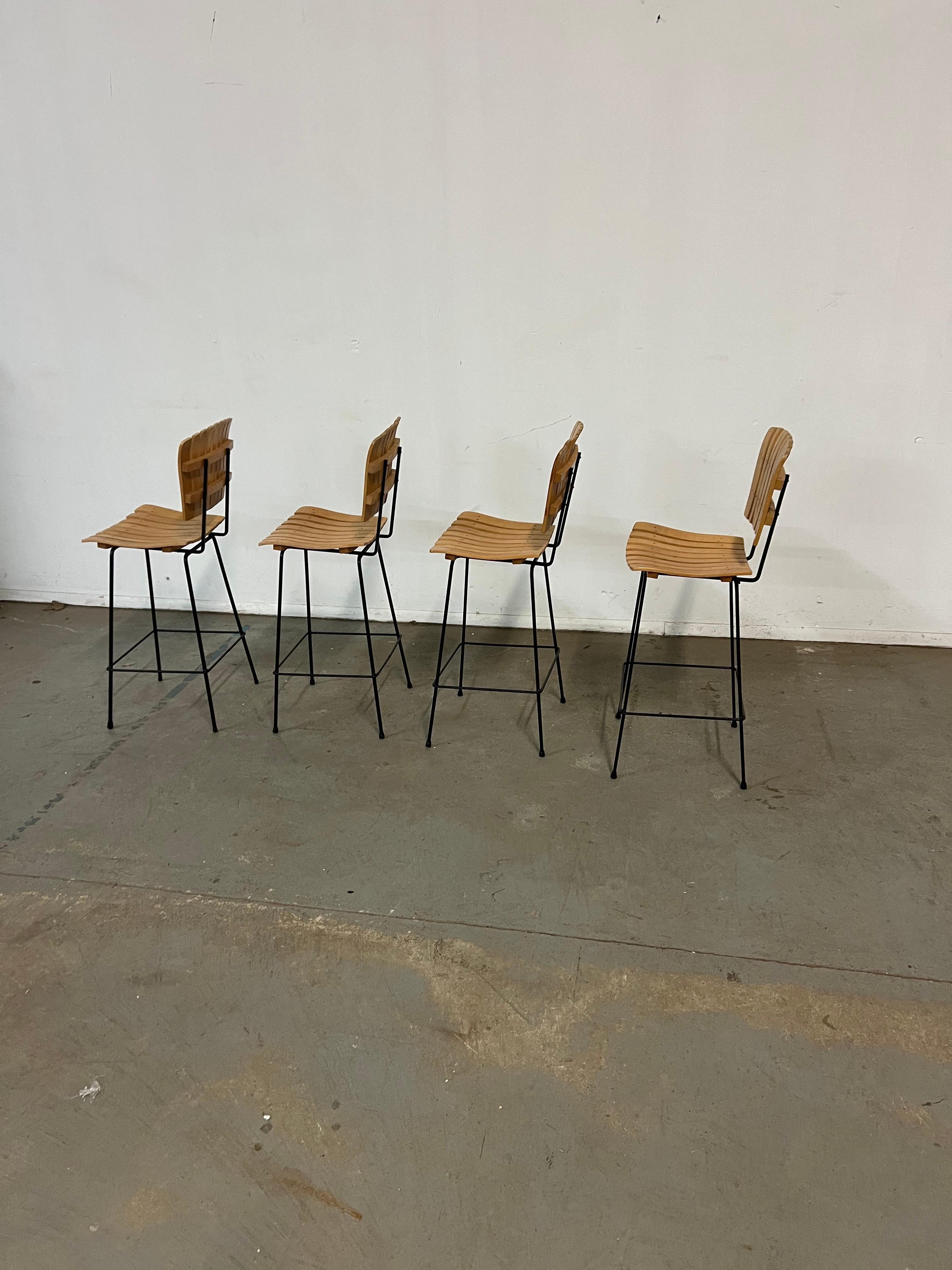 Set of 4 Mid-Century Arthur Umanoff Slat Style Bar Stools For Sale 6