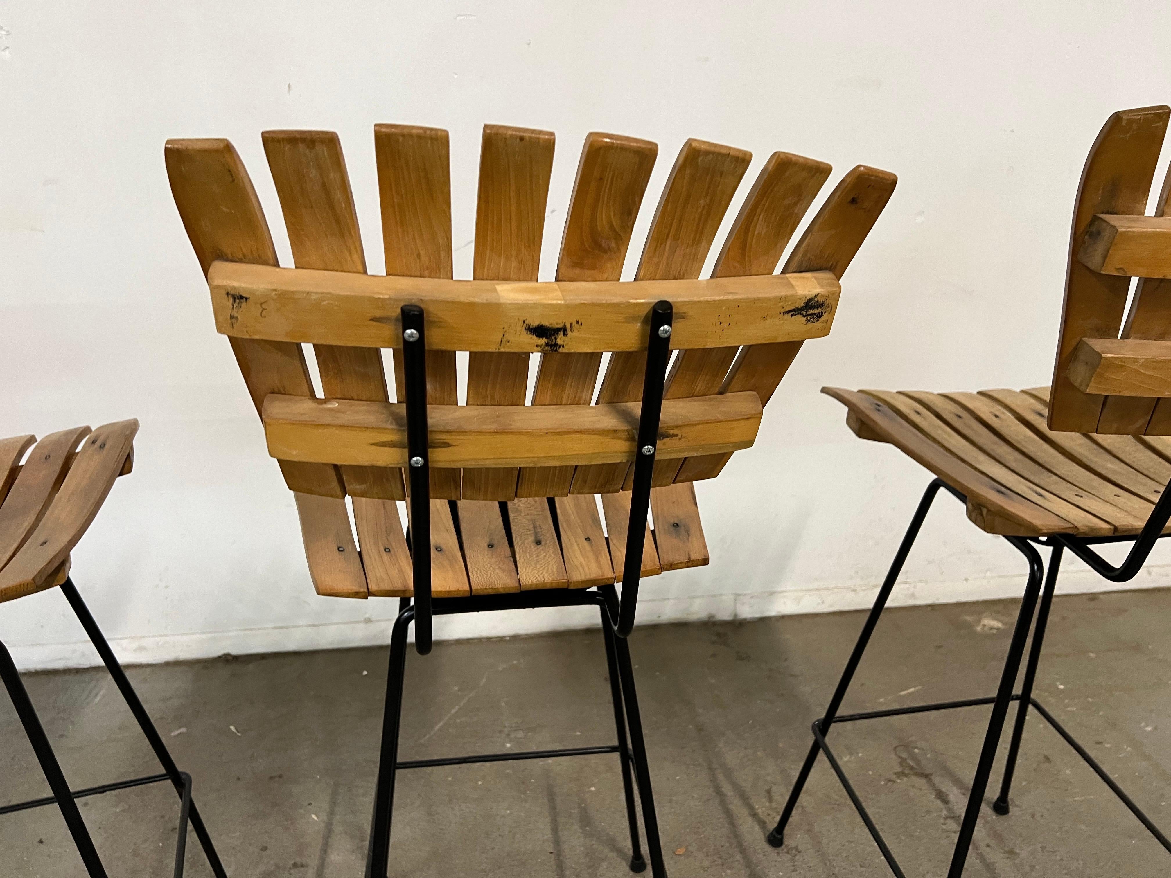  Set of 4 Mid-Century Arthur Umanoff Slat Style Bar Stools For Sale 10