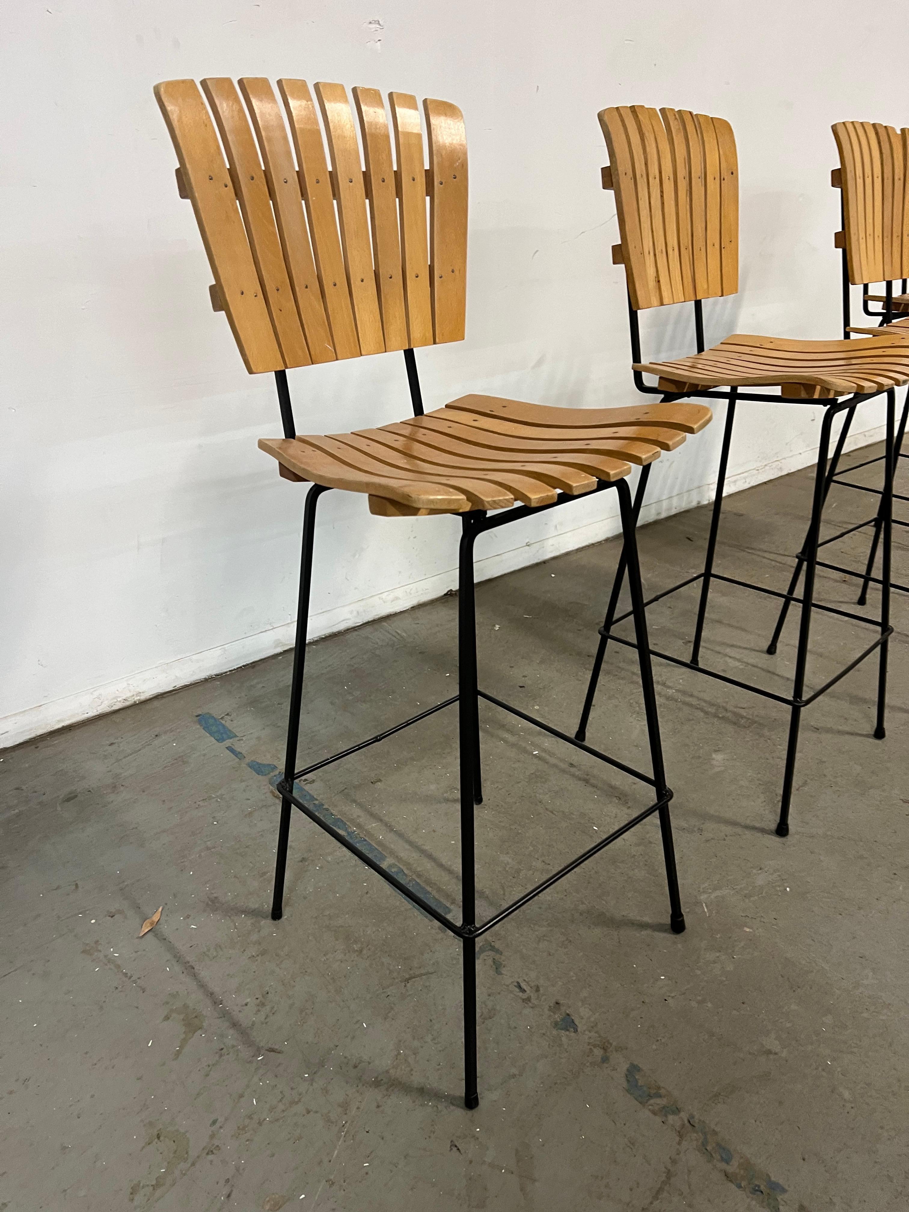 Mid-Century Modern Set of 4 Mid-Century Arthur Umanoff Slat Style Bar Stools For Sale