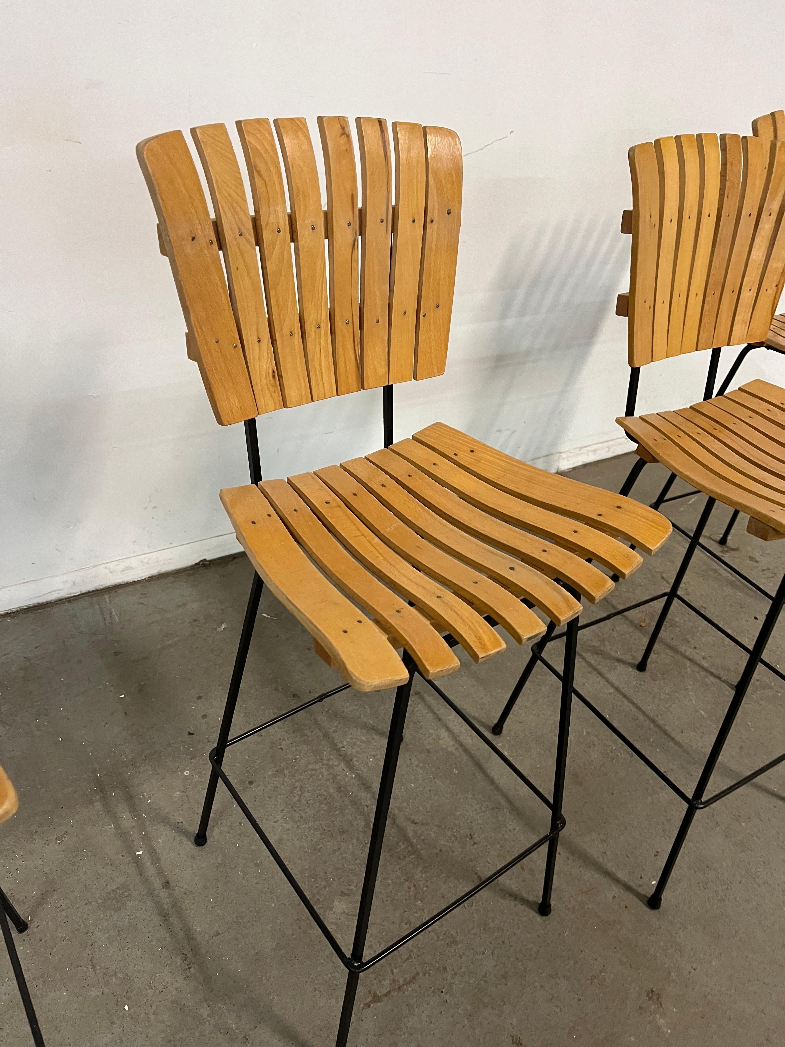American Set of 4 Mid-Century Arthur Umanoff Slat Style Bar Stools