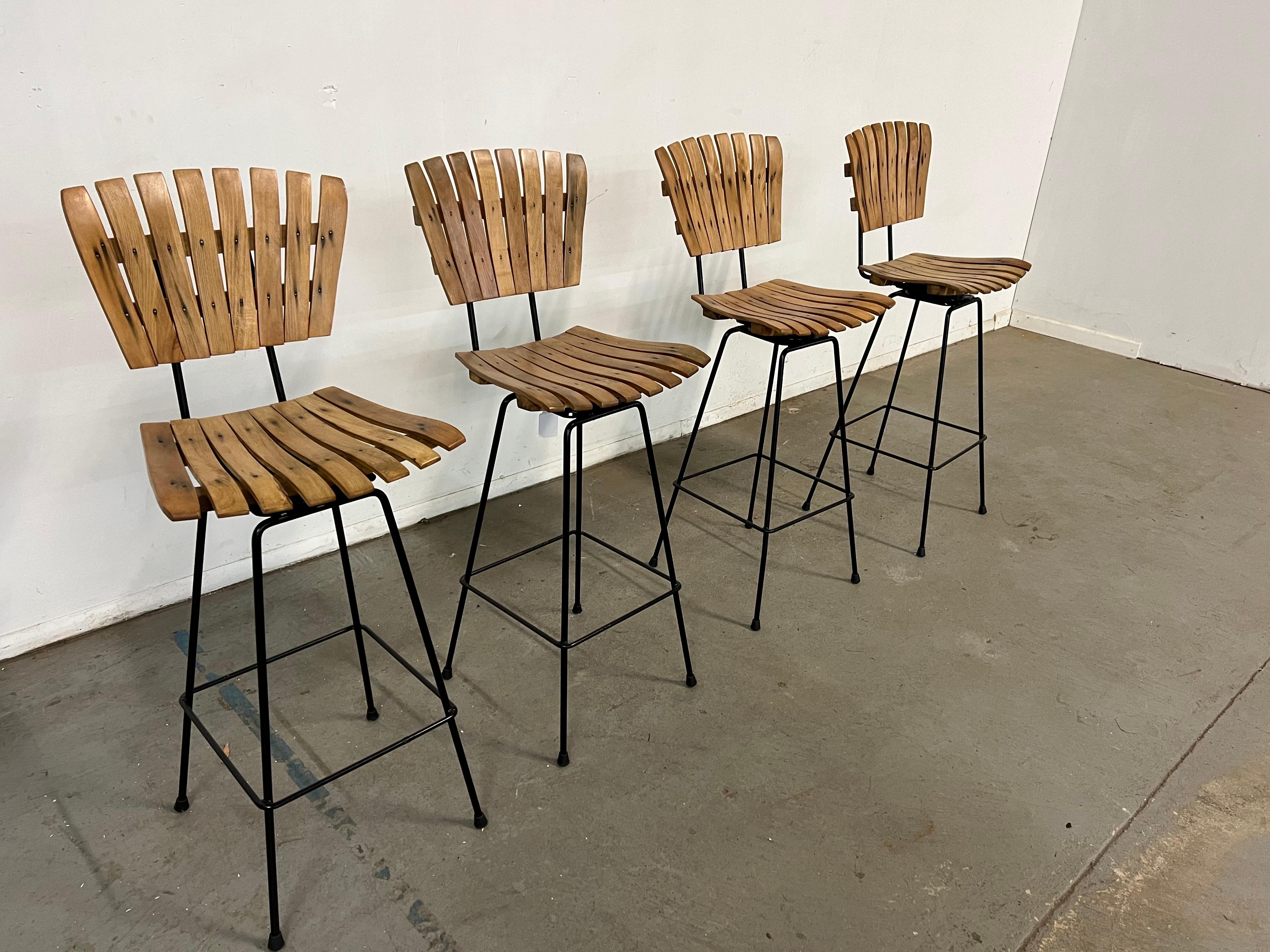 Mid-20th Century  Set of 4 Mid-Century Arthur Umanoff Slat Style Bar Stools For Sale