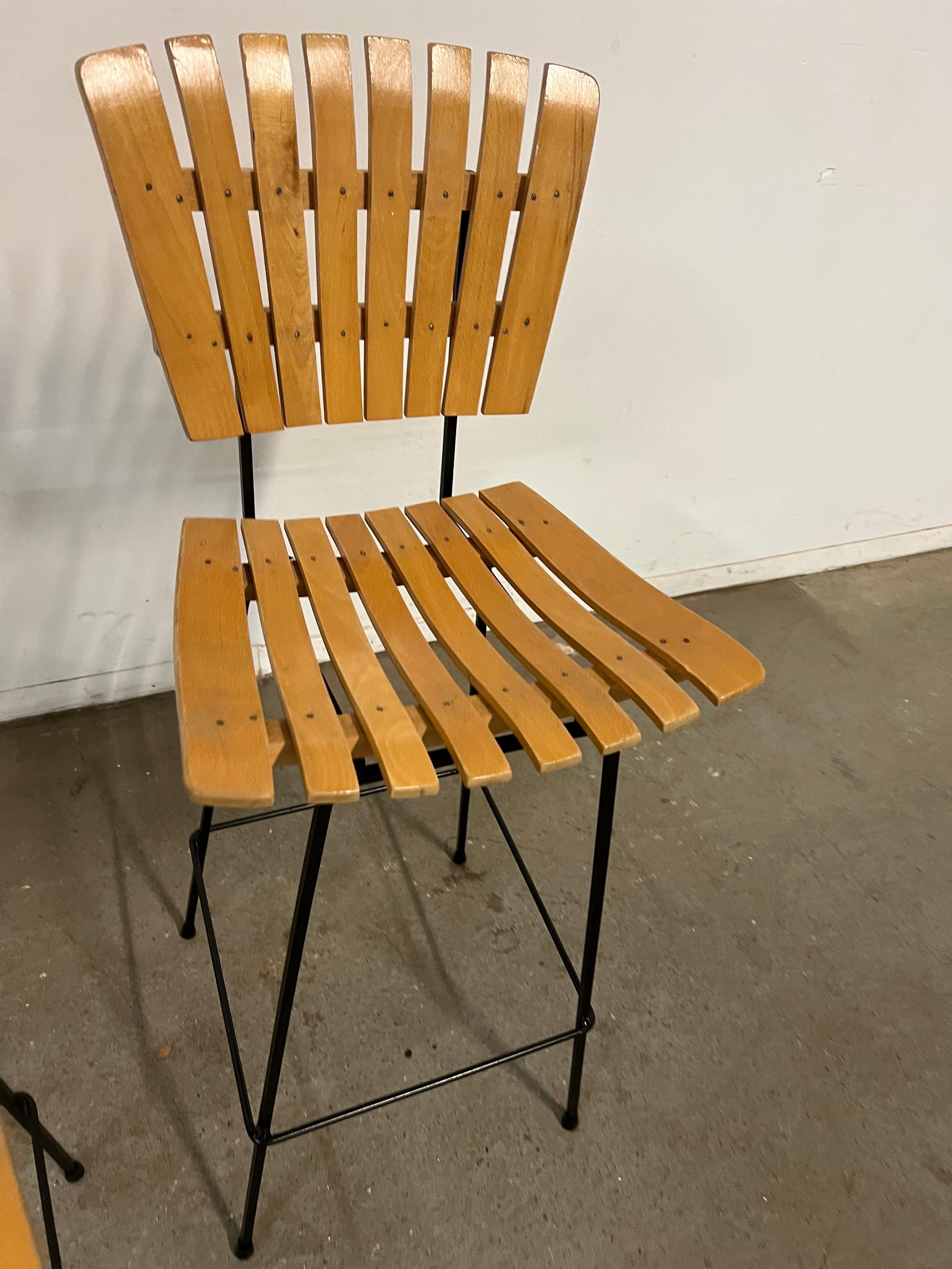 Mid-20th Century Set of 4 Mid-Century Arthur Umanoff Slat Style Bar Stools For Sale