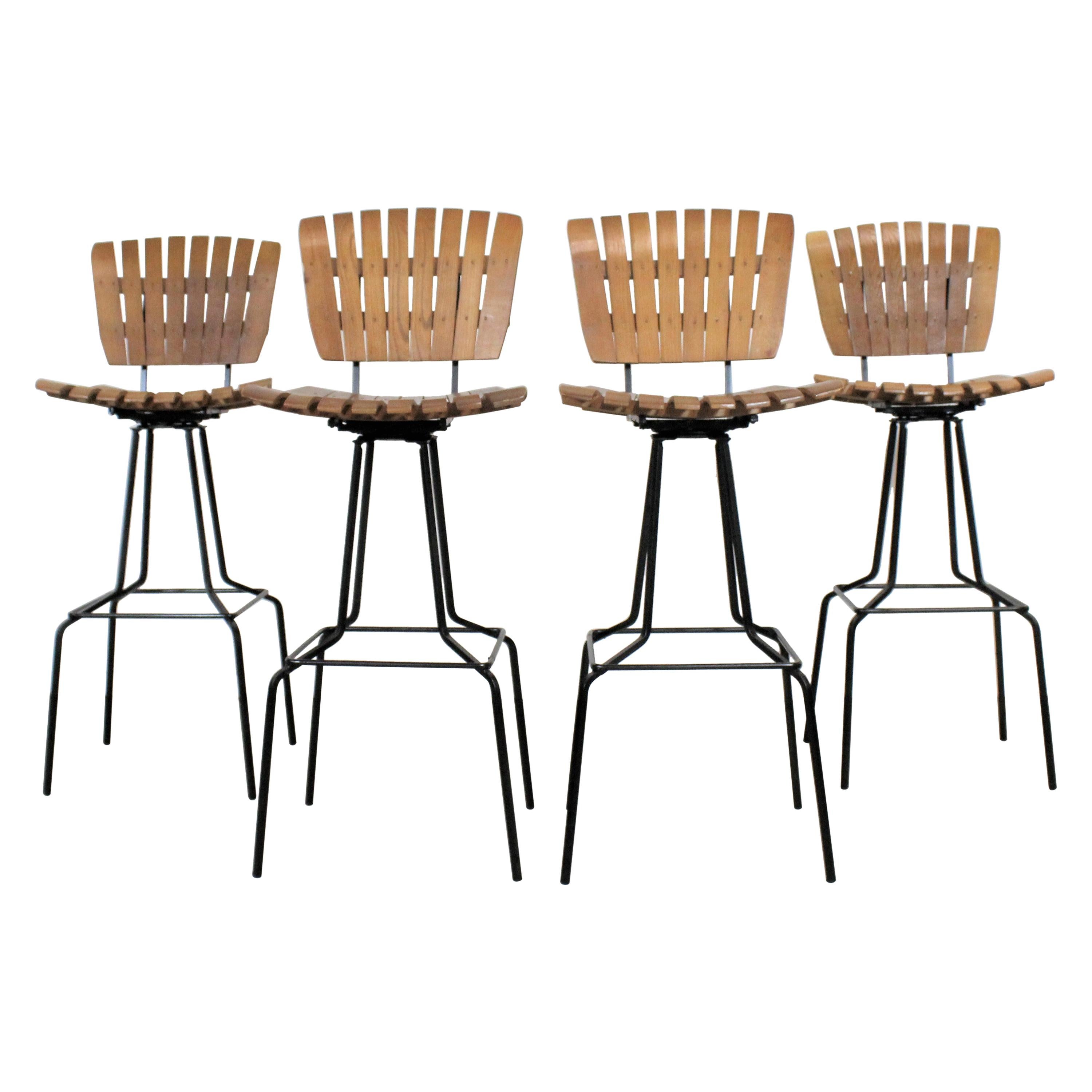 Set of 4 Mid Century Rattan Swivel Bar Stools in Style of Danny at