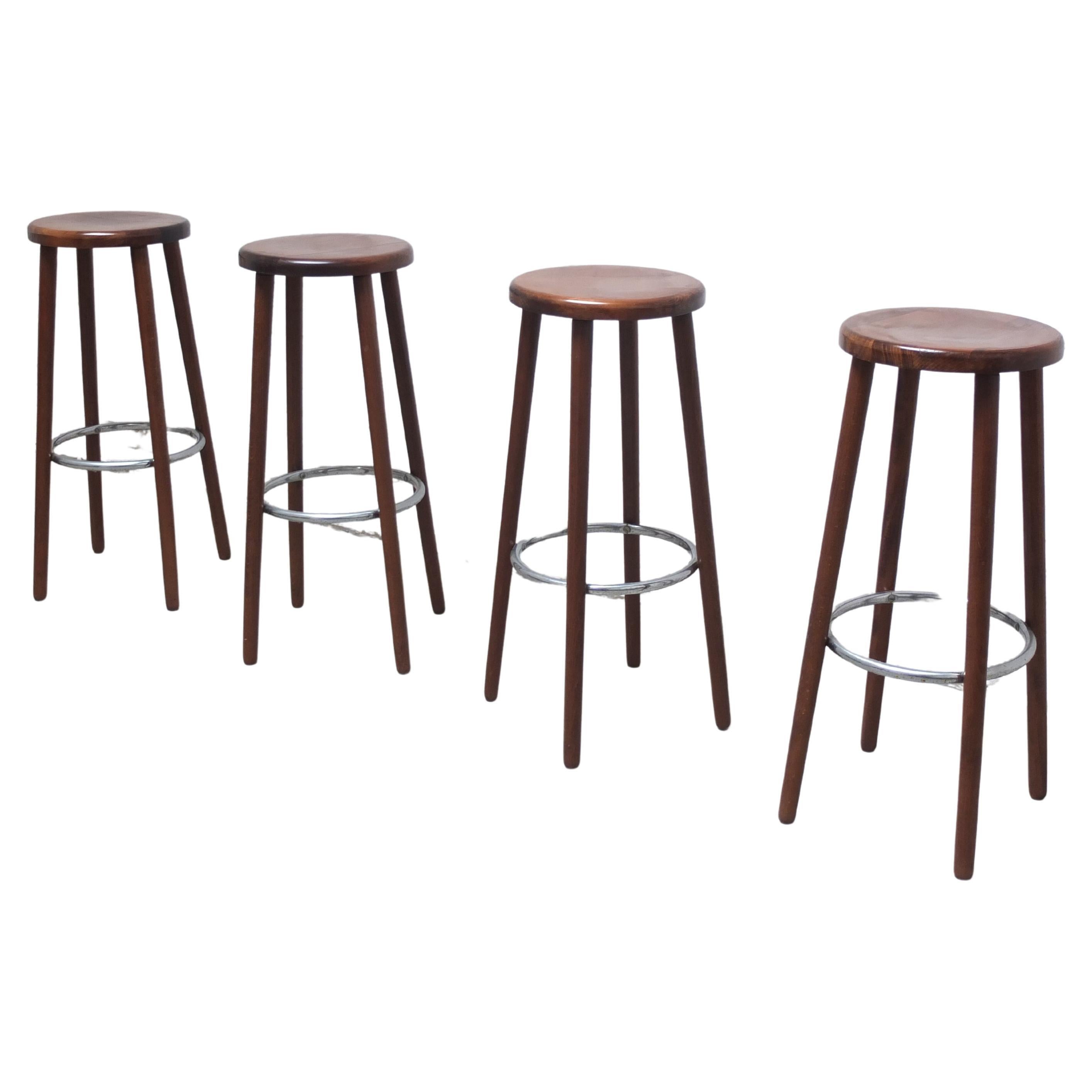 Set of 4 Mid-Century Bar Stools in Solid Teak, 1960s