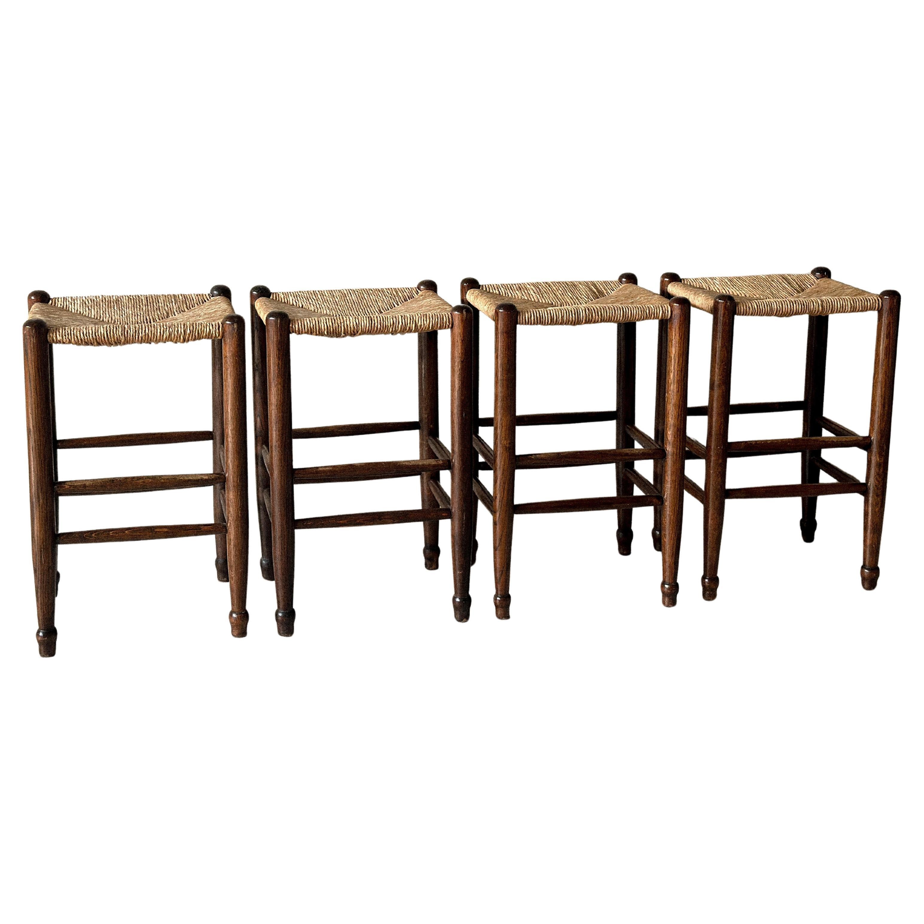 Set of 4 Mid-Century Bar Stools with Rush Seats, France, c. 1960s