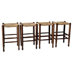 Set of 4 Mid-Century Bar Stools with Rush Seats, France, c. 1960s
