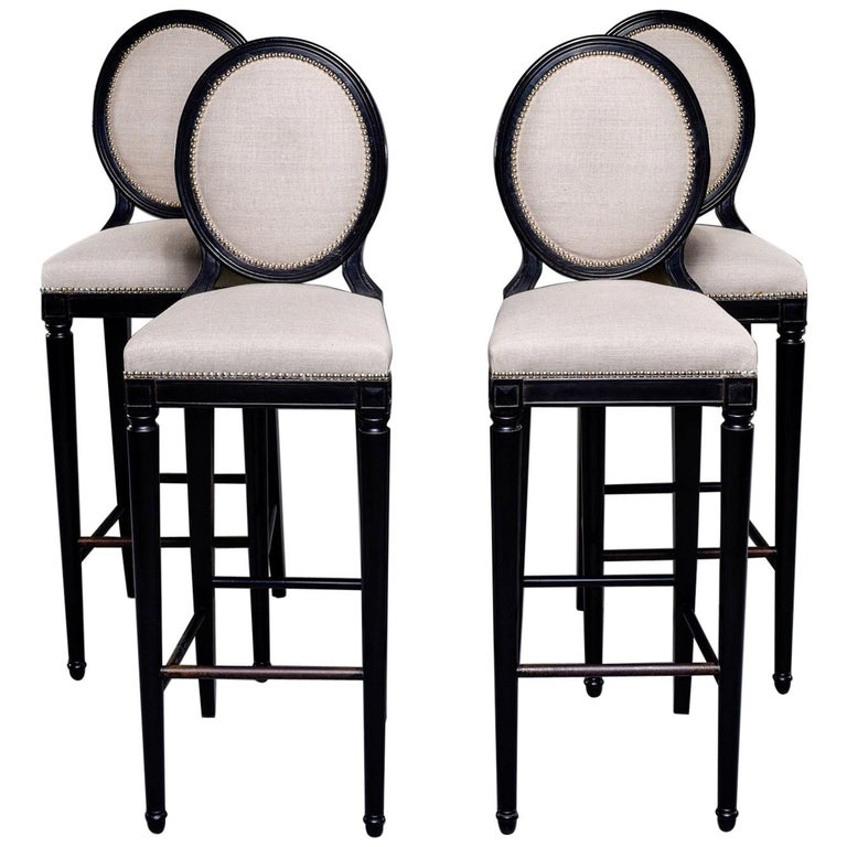 Set of 4 Mid Century Beech Bar Stools with Black Finish For Sale at 1stDibs