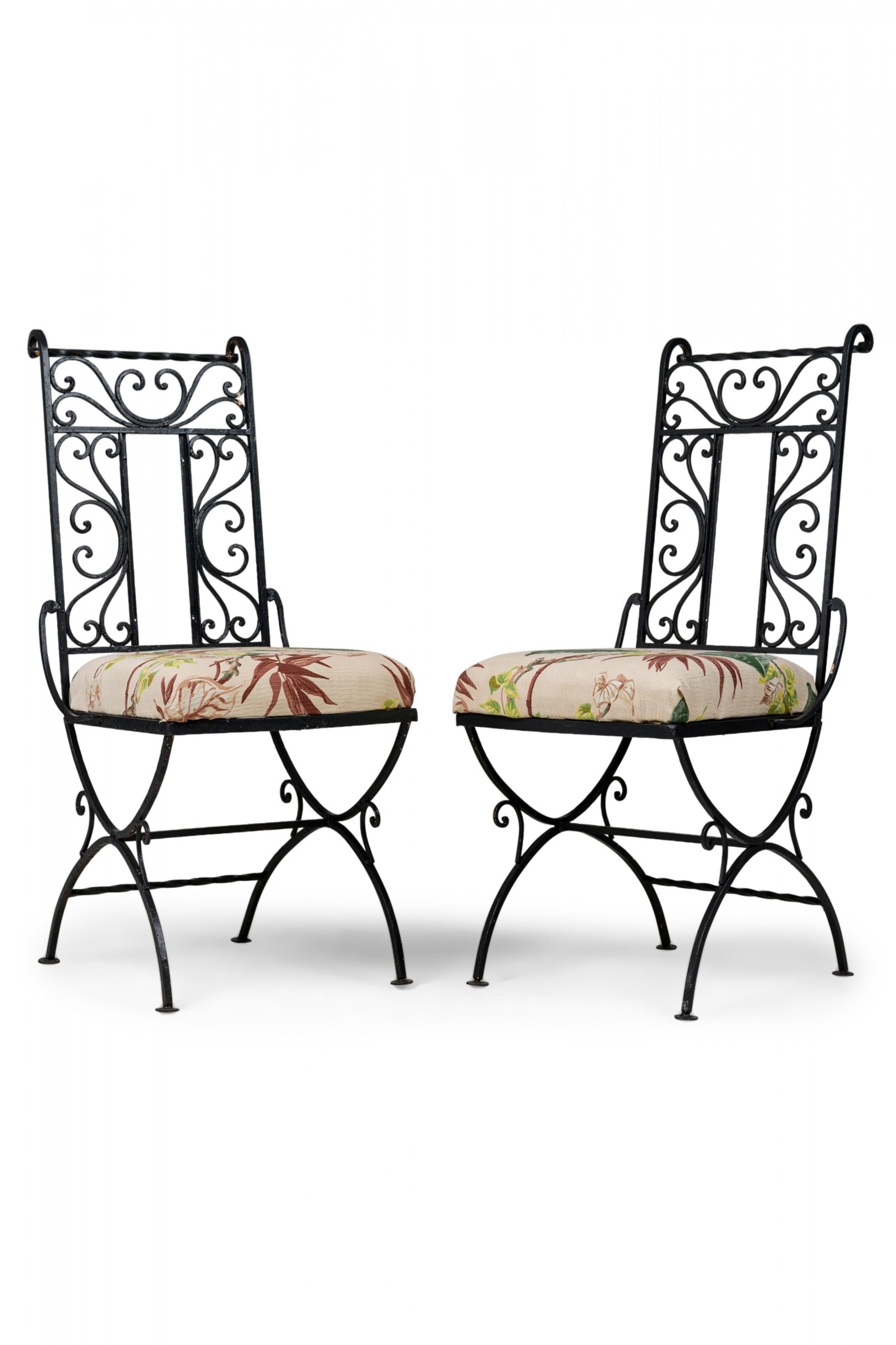 Set of 4 Mid-Century Black Wrought Iron Floral Upholstered Side Chairs For Sale 6