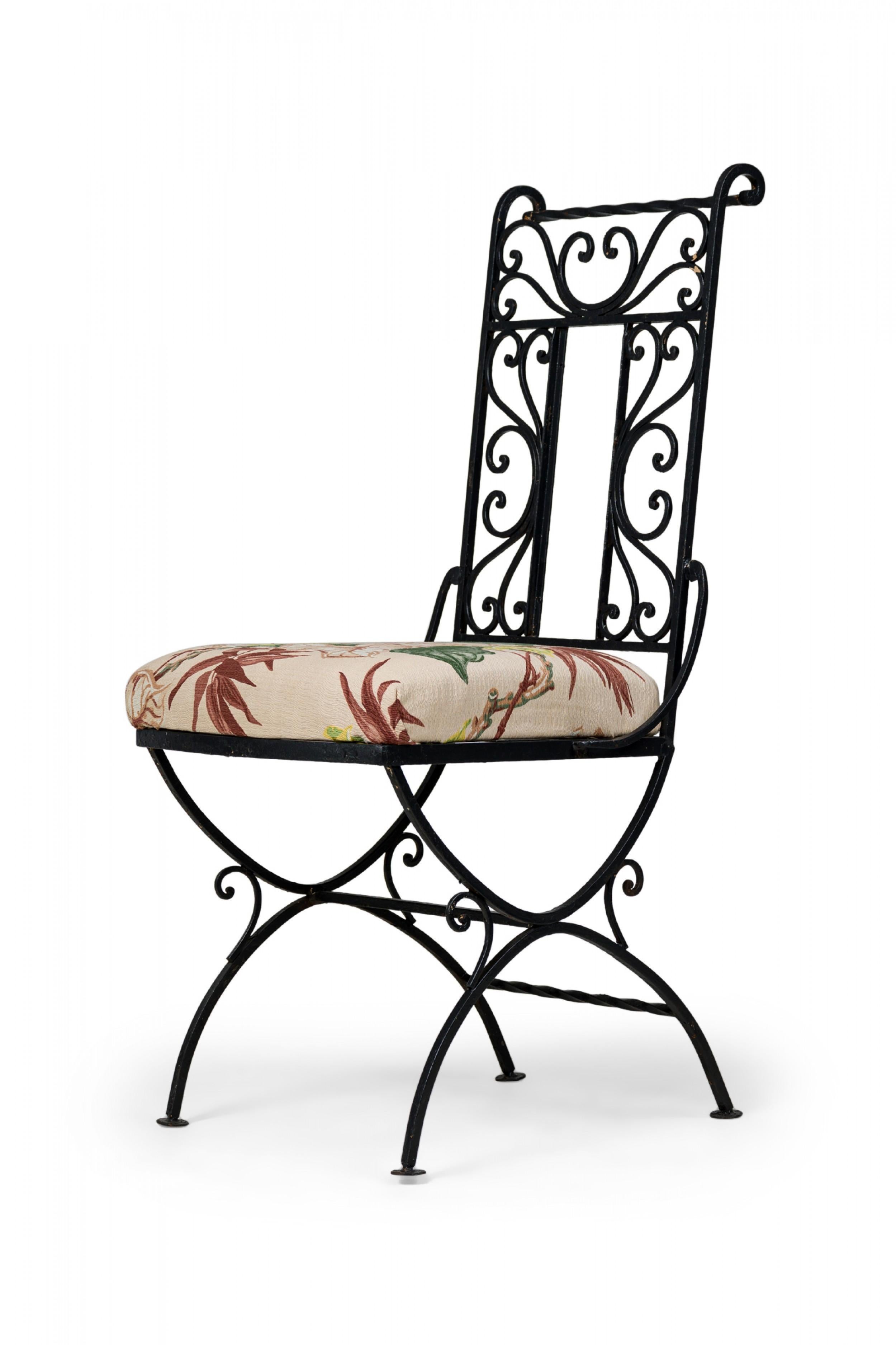 Metal Set of 4 Mid-Century Black Wrought Iron Floral Upholstered Side Chairs For Sale