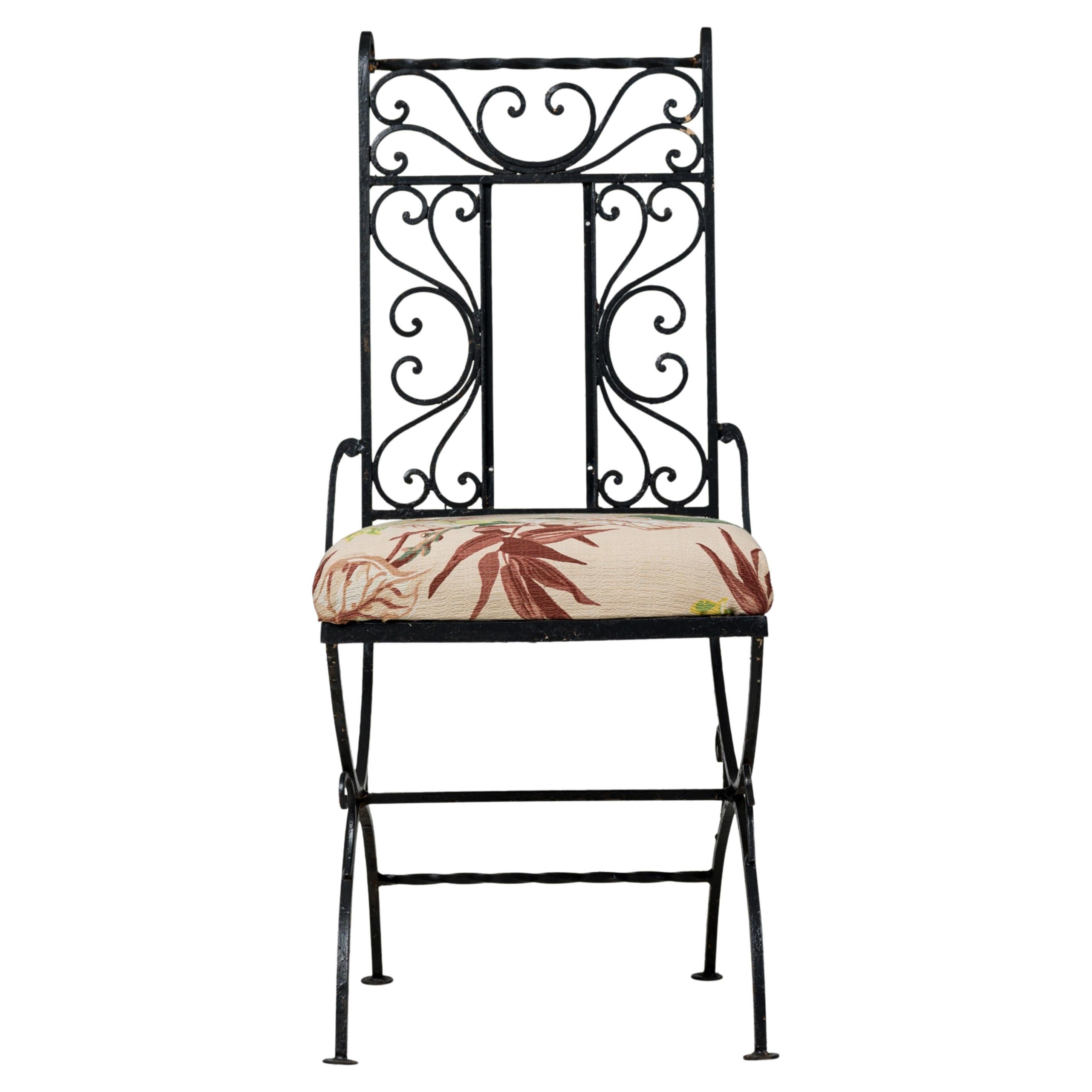 Set of 4 Mid-Century Black Wrought Iron Floral Upholstered Side Chairs