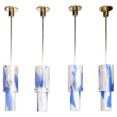 Satz von 4 zylindrischen Anhängern aus blauem und weißem Muranoglas von Venini aus der Mitte des Jahrhunderts