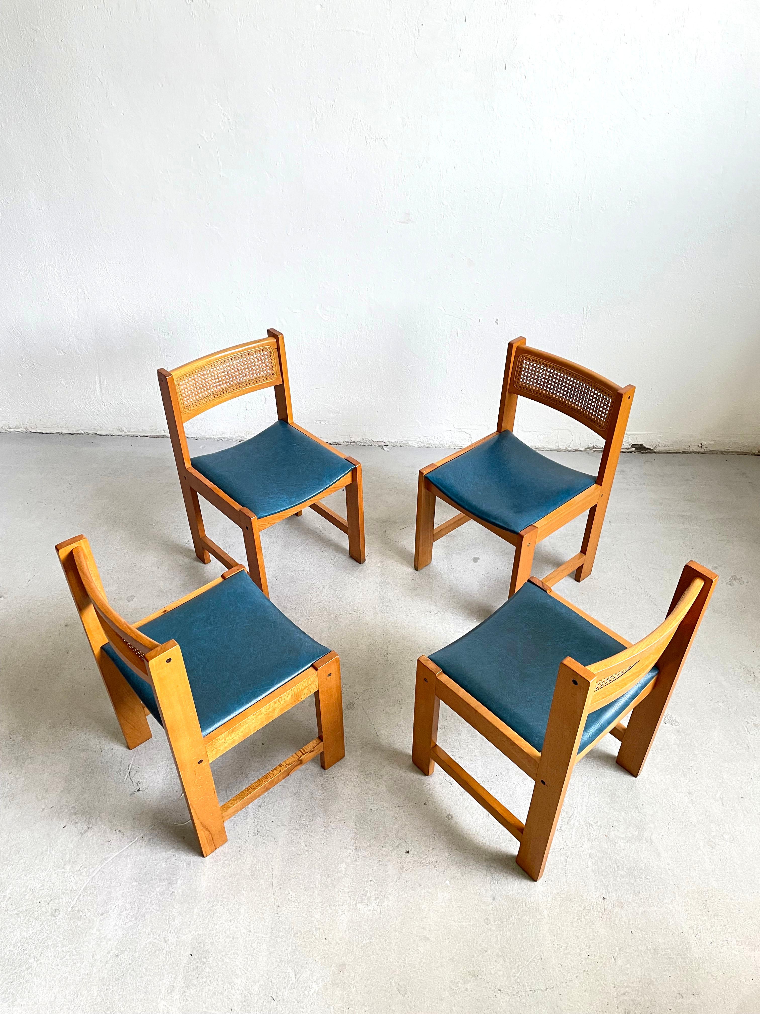 Mid-Century Modern Set of 4 Mid-Century Cane Rattan and Vinyl Wooden Dining Chairs, 1960s 1970s For Sale