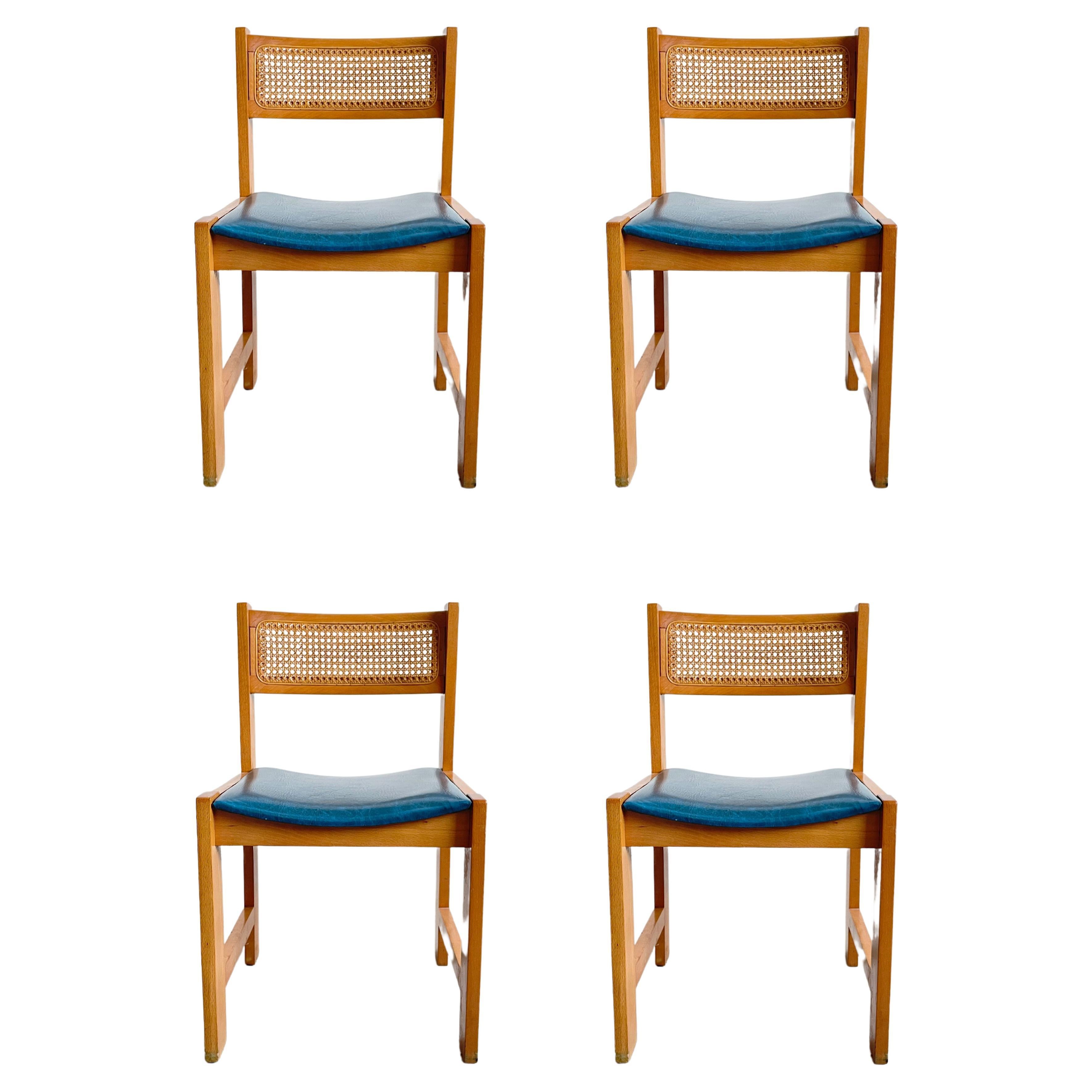 Set of 4 Mid-Century Cane Rattan and Vinyl Wooden Dining Chairs, 1960s 1970s For Sale