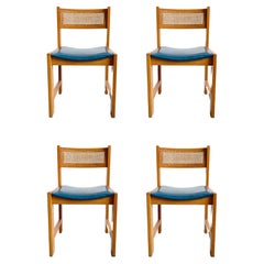 Antique Set of 4 Mid-Century Cane Rattan and Vinyl Wooden Dining Chairs, 1960s 1970s