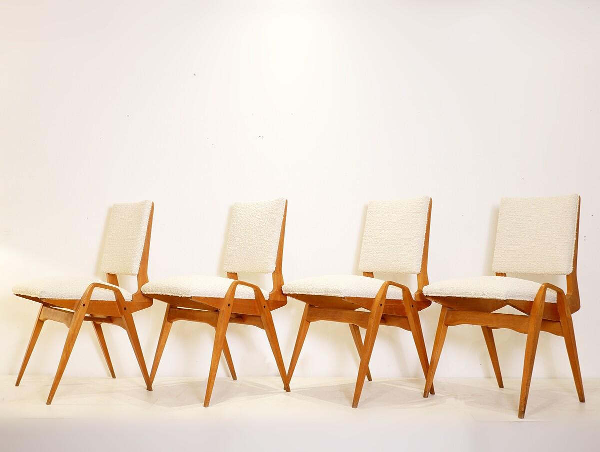 Ensemble de 4 chaises du milieu du siècle par Maurice Pré - Années 1950 - Nouveau rembourrage Bon état - En vente à Uccle, BE