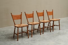Set of 4 Mid Century Chairs in Solid Oak and Straw 1950s