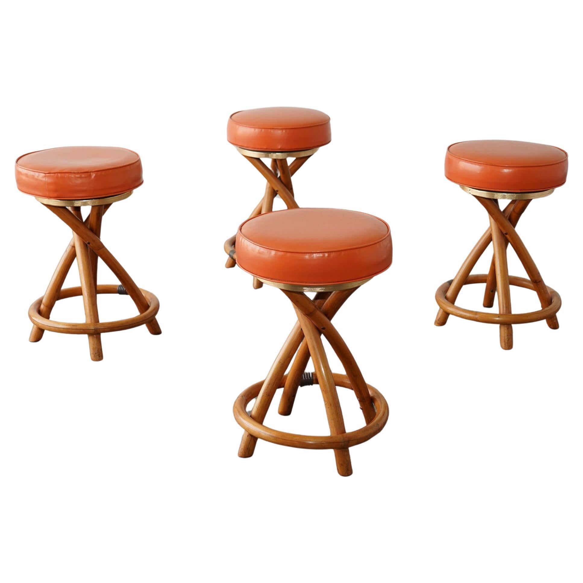 Set of 4 Mid Century Coastal Rattan Tiki Counter Stools Attrib Paul Frankl For Sale