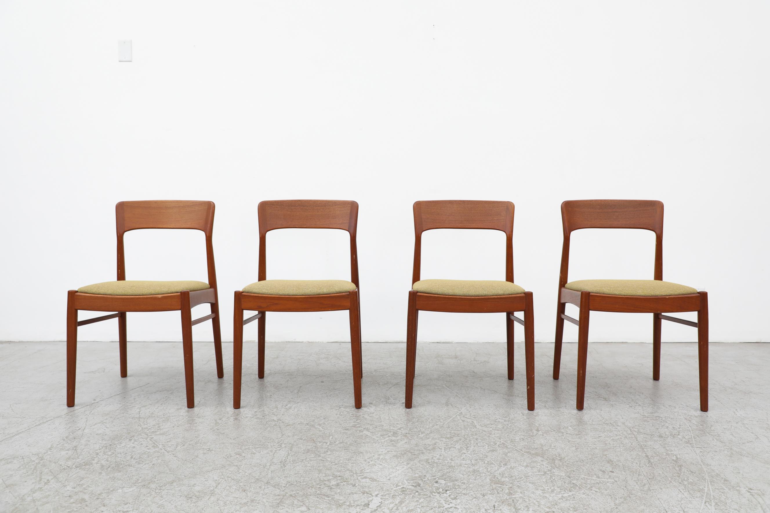 Set of 4 Kai Kristiansen Danish teak dining chairs with light green upholstered seats, designed for K.S. Mobler, Denmark. This model is very similar to the Model 75 chair by Niels Moller (S112-79). In original condition with visible wear and