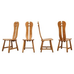 Set of 4 Mid-Century De Puydt Solid Oak High Back Brutalist Dining Chairs