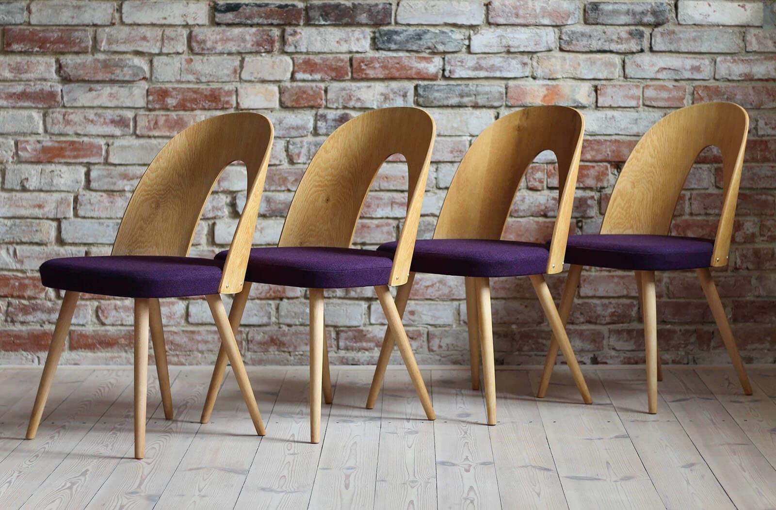 This set of four vintage dining chairs was designed by Czech designer Antonin Šuman in the 1960s. The chairs have been completely restored finished with high-quality oil that gave them beautiful and natural finish. The backrests are veneered with