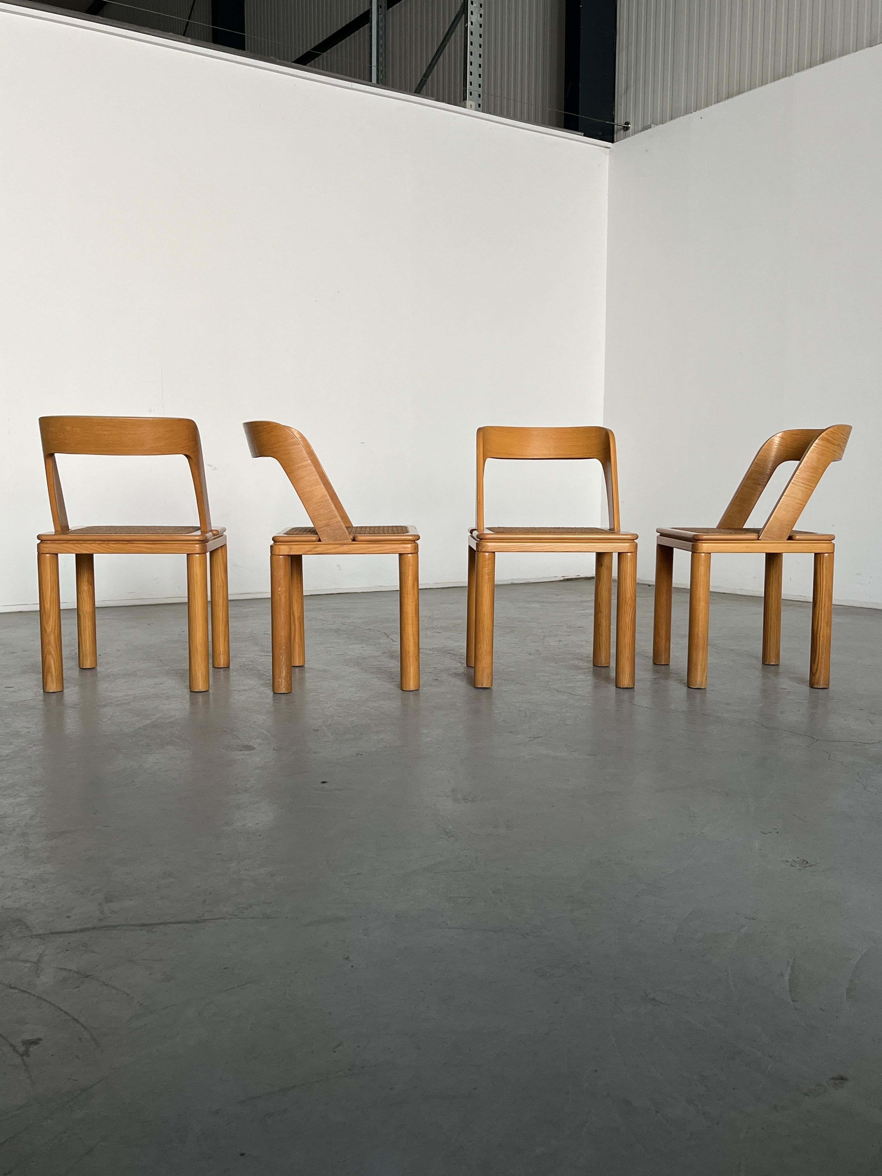 Mid-20th Century Set of 4 Mid-Century Dining Chairs by RB Rossana in Cane and Ash, Italy 1960s For Sale
