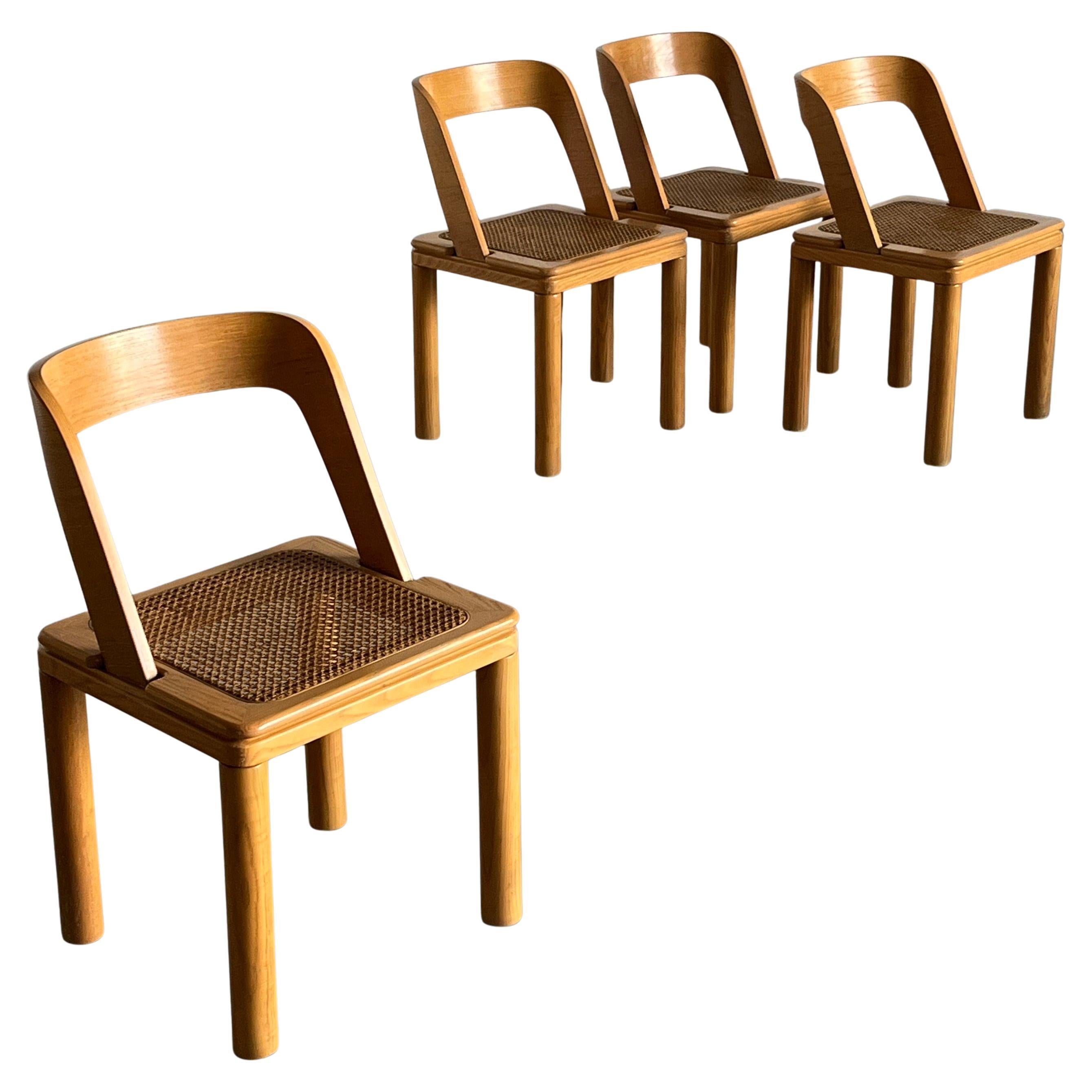 Set of 4 Mid-Century Dining Chairs by RB Rossana in Cane and Ash, Italy 1960s