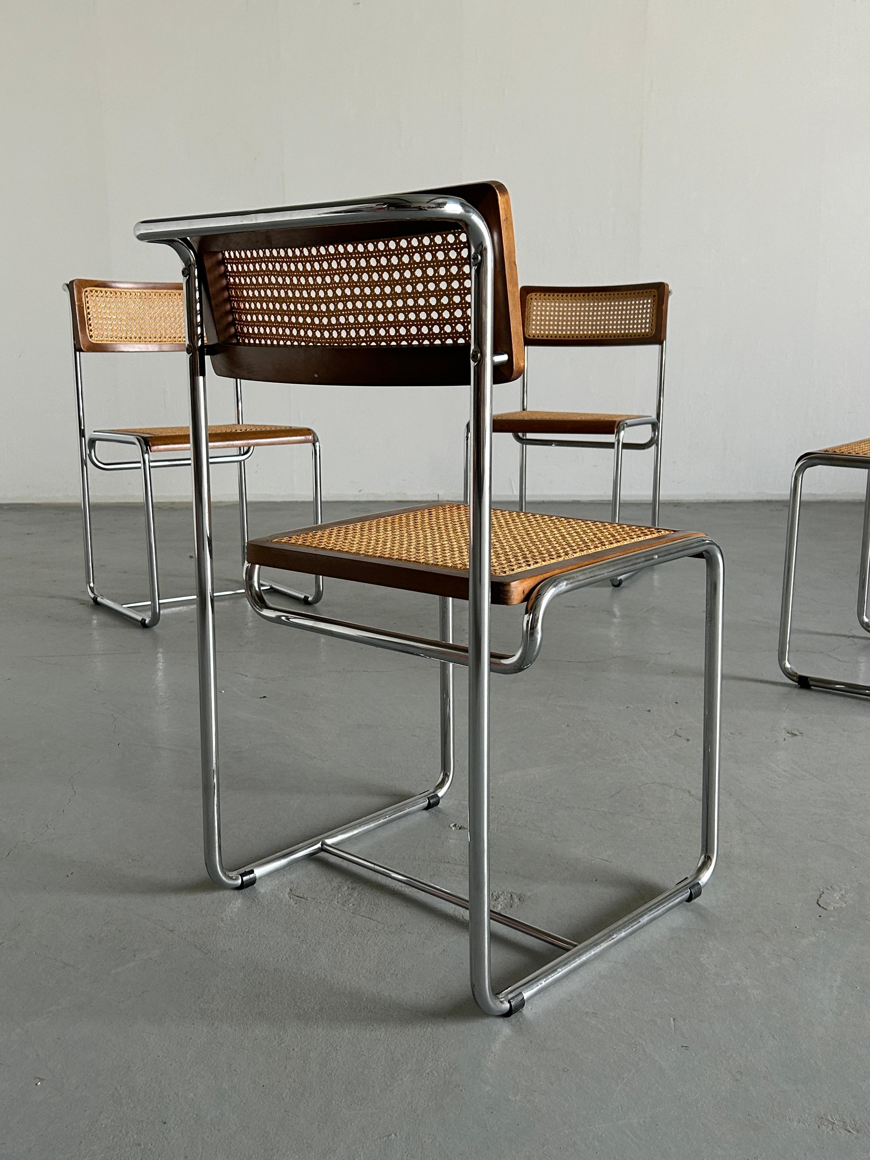 Satz von 4 Esszimmerstühlen aus gebogenem Stahlrohr und Rohrgeflecht aus der Mitte des Jahrhunderts, 1960er Jahre 4