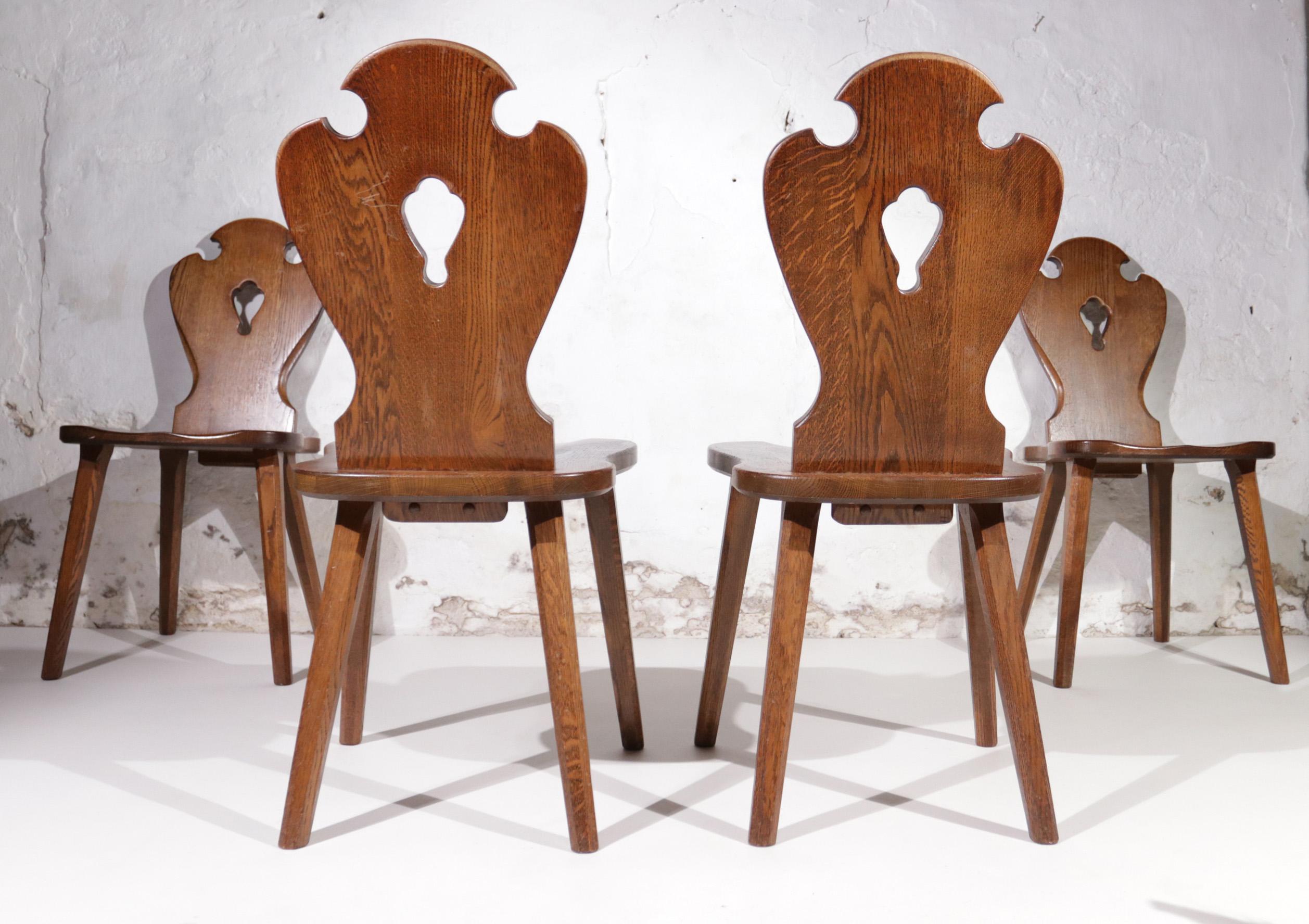 Mid-Century Modern Set of 4 Mid-Century Dutch Brutalist Carved Oak Dining chairs