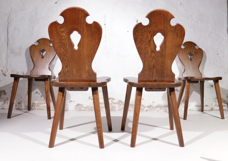 Mid-Century Modern Set of 4 Mid-Century Dutch Brutalist Carved Oak Dining chairs For Sale