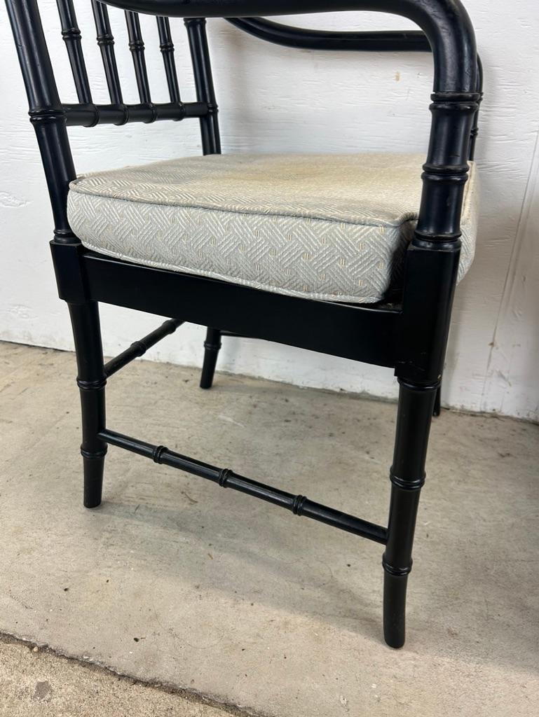 Set of 4 Mid Century Faux Bamboo Dining Chairs with Caned Seat & Tufted Cushion For Sale 4
