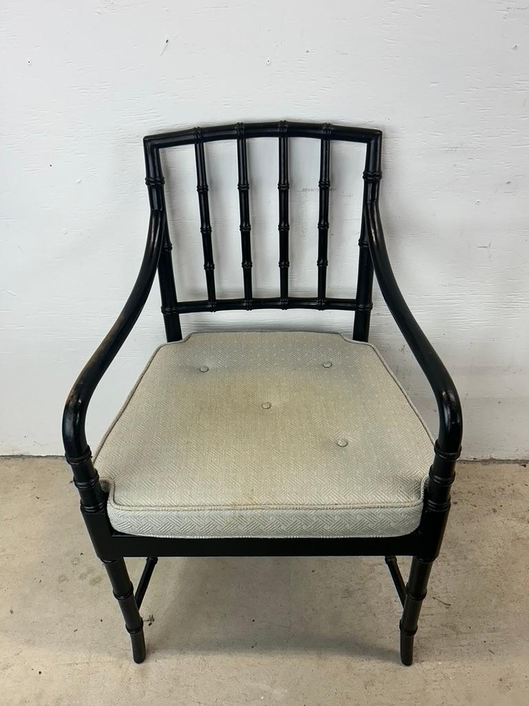 Set of 4 Mid Century Faux Bamboo Dining Chairs with Caned Seat & Tufted Cushion For Sale 7