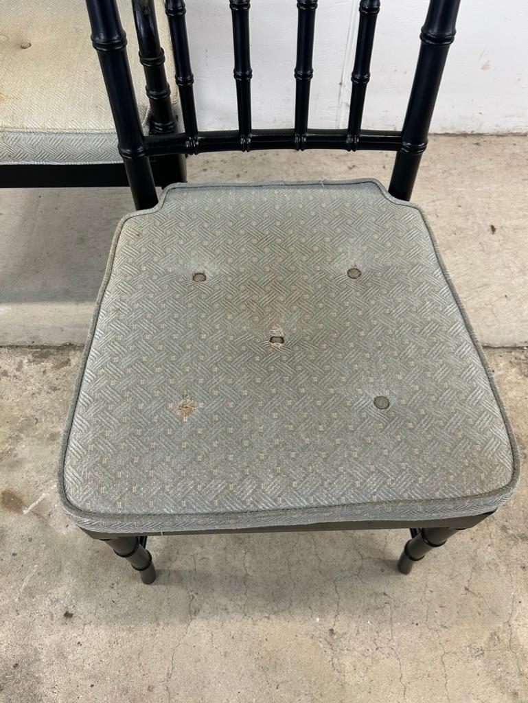 Set of 4 Mid Century Faux Bamboo Dining Chairs with Caned Seat & Tufted Cushion For Sale 8