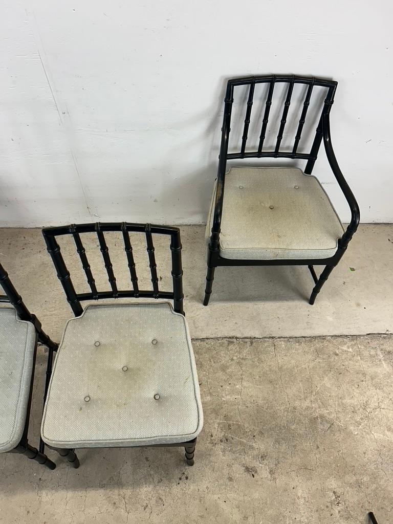 Set of 4 Mid Century Faux Bamboo Dining Chairs with Caned Seat & Tufted Cushion For Sale 9