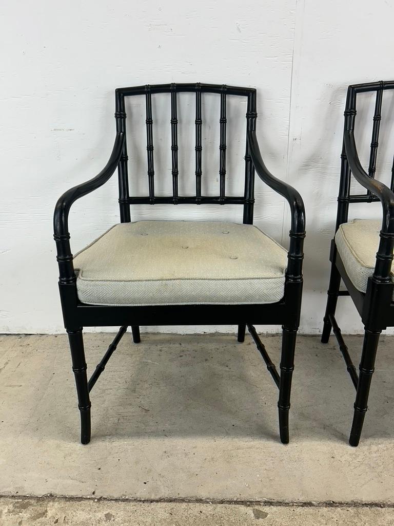 Set of 4 Mid Century Faux Bamboo Dining Chairs with Caned Seat & Tufted Cushion For Sale 10