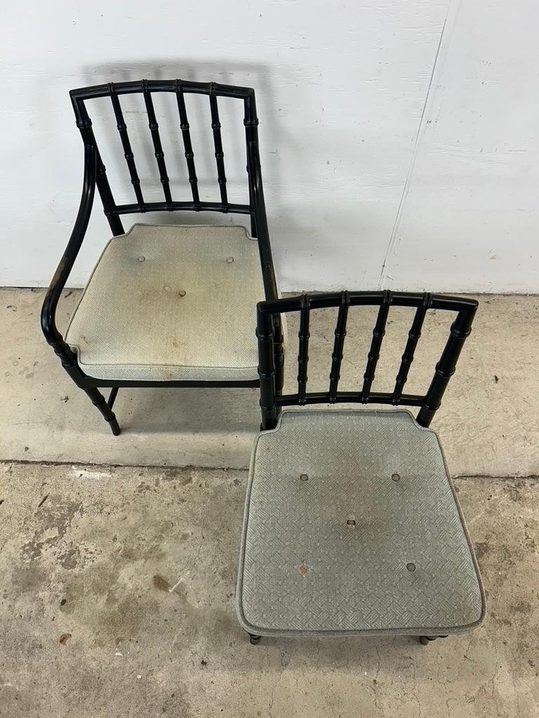 Set of 4 Mid Century Faux Bamboo Dining Chairs with Caned Seat & Tufted Cushion For Sale 11
