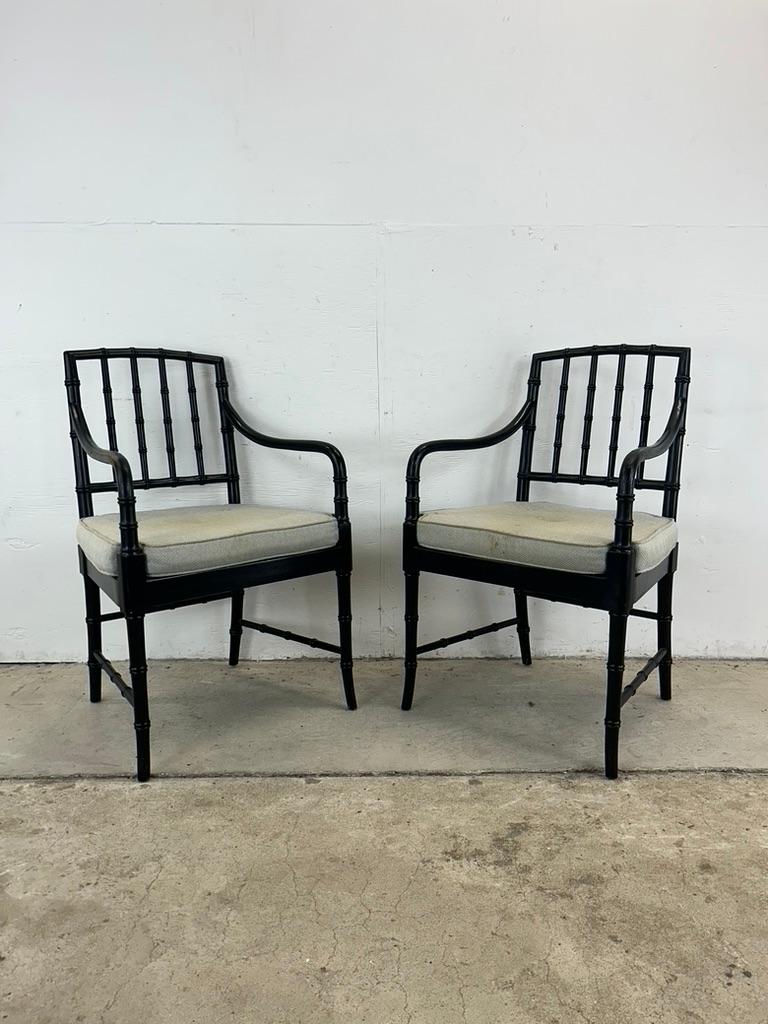 Anglo-Japanese Set of 4 Mid Century Faux Bamboo Dining Chairs with Caned Seat & Tufted Cushion For Sale