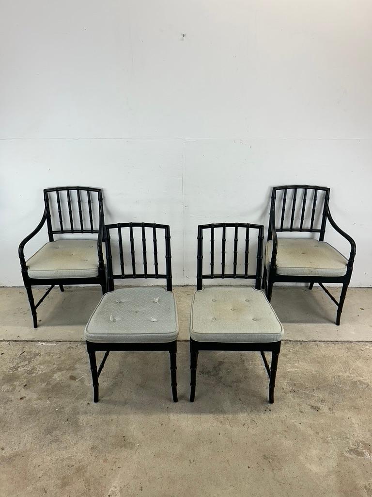 American Set of 4 Mid Century Faux Bamboo Dining Chairs with Caned Seat & Tufted Cushion For Sale
