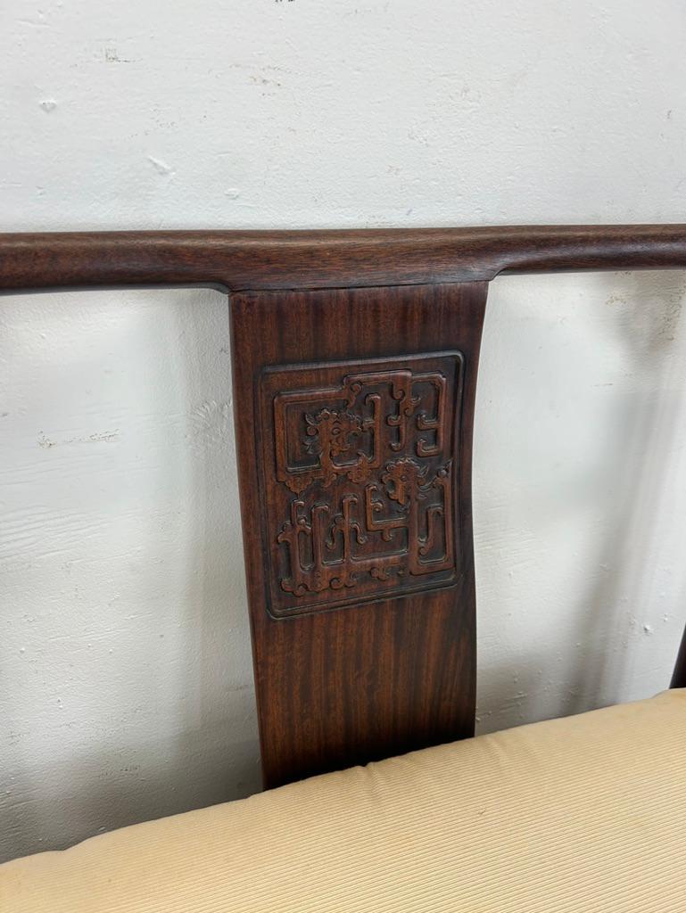 Set of 4 Mid Century Faux Bamboo Dining Chairs with Caned Seat & Tufted Cushion In Good Condition For Sale In Freehold, NJ