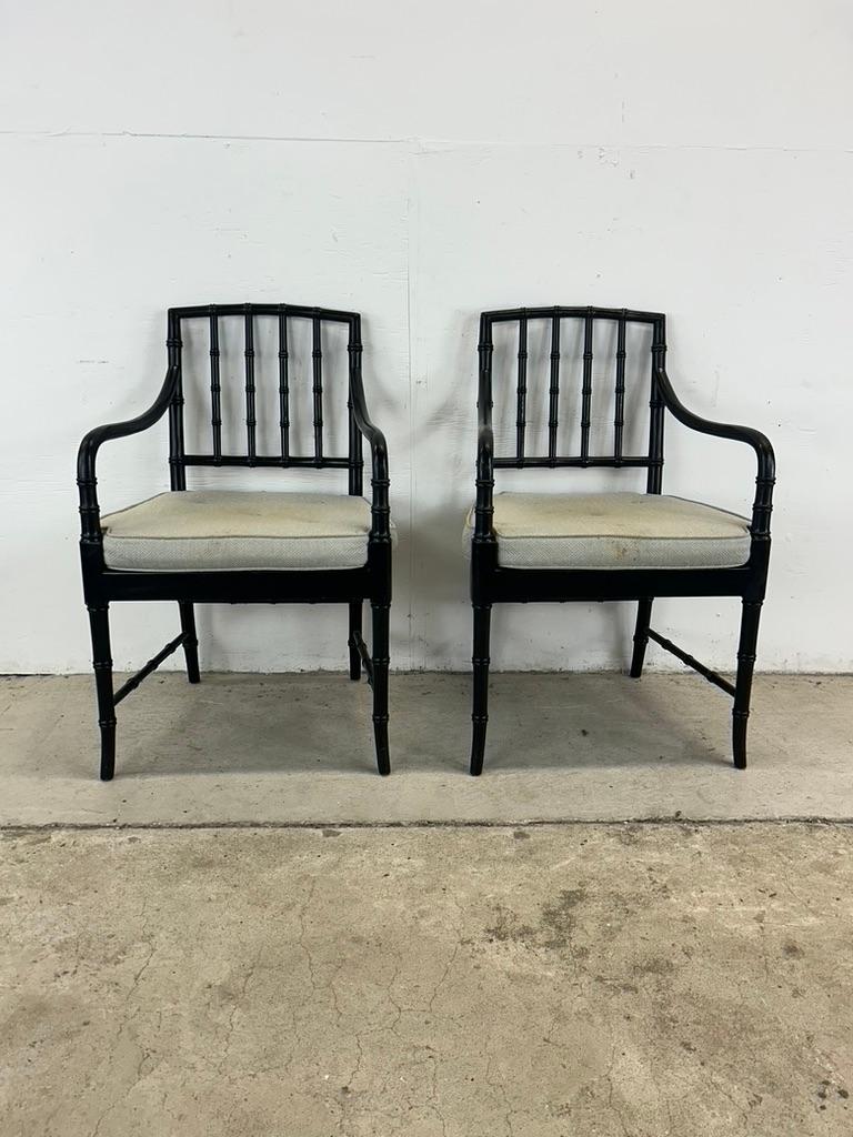 20th Century Set of 4 Mid Century Faux Bamboo Dining Chairs with Caned Seat & Tufted Cushion For Sale