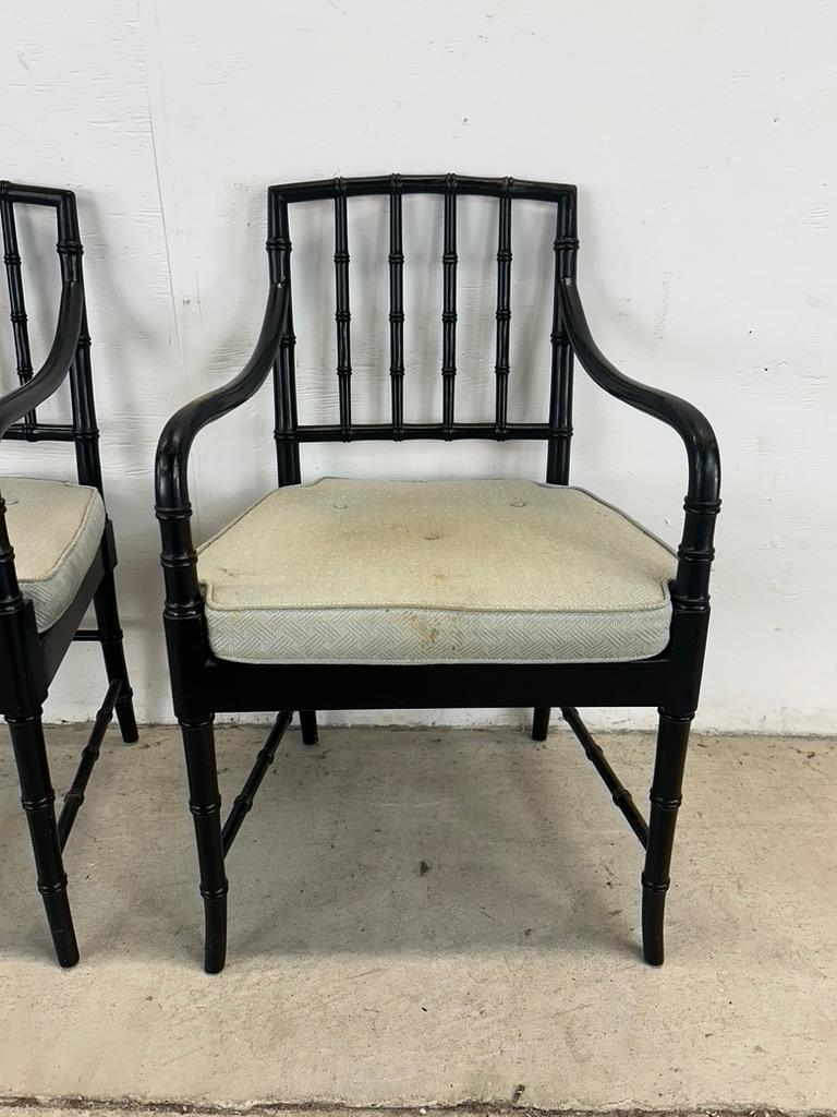 Set of 4 Mid Century Faux Bamboo Dining Chairs with Caned Seat & Tufted Cushion For Sale 1