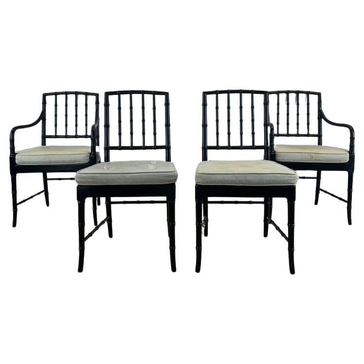 Set of 4 Mid Century Faux Bamboo Dining Chairs with Caned Seat & Tufted Cushion