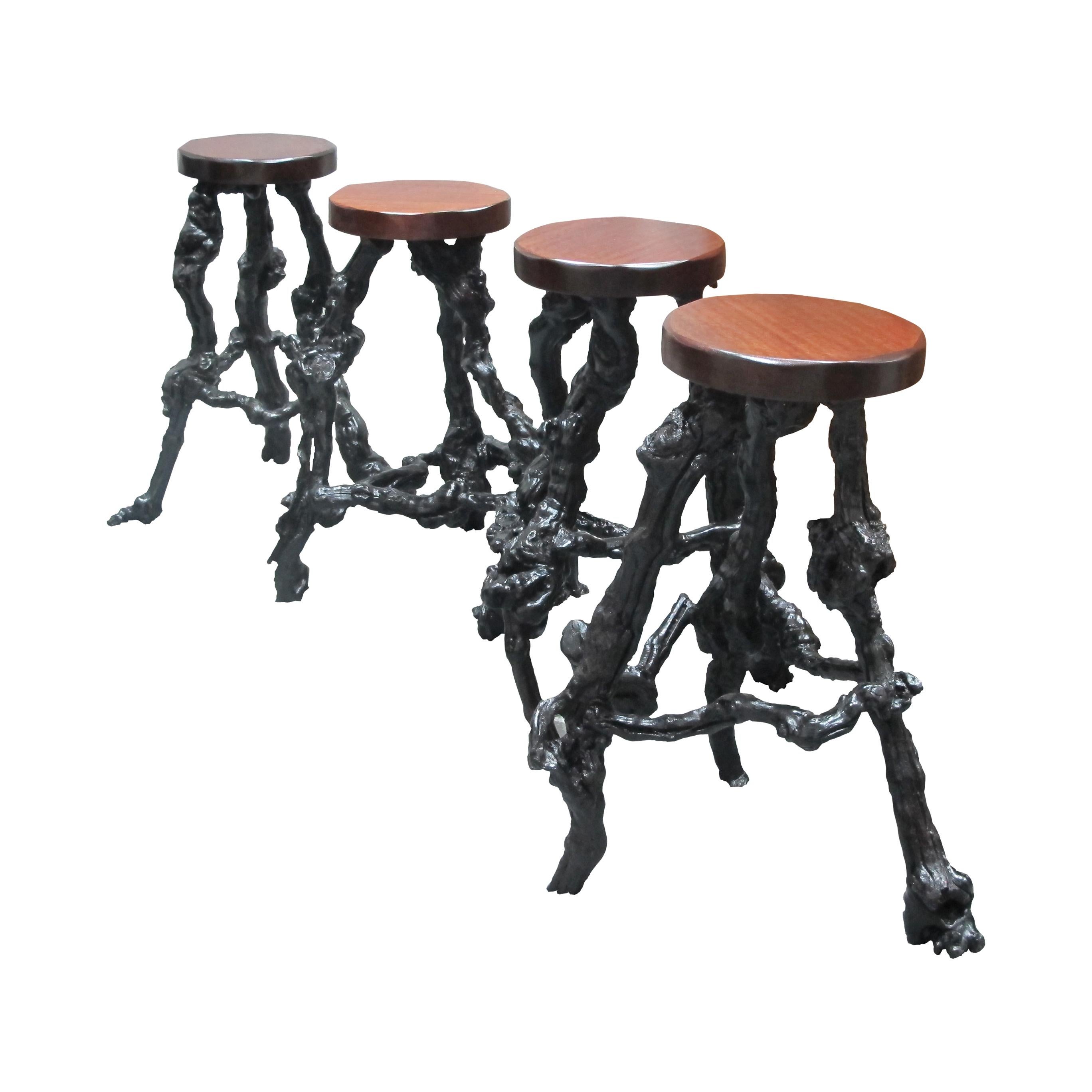 Other Set of 4 Midcentury French Twisted Grapevine Handcrafted Root Bar Stools