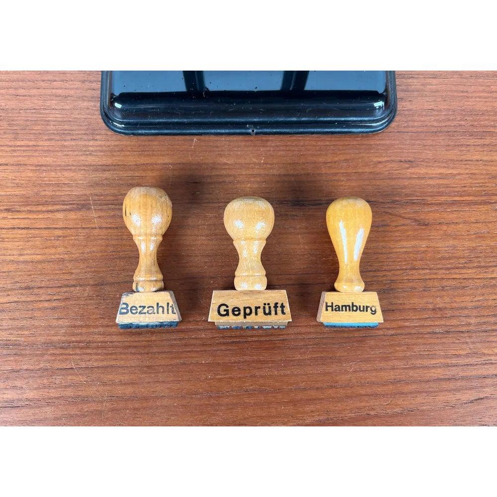 Set of 4 Mid-Century German Metal Office Rubber Stamp Holder and 3 Stamps, 1960s For Sale 5