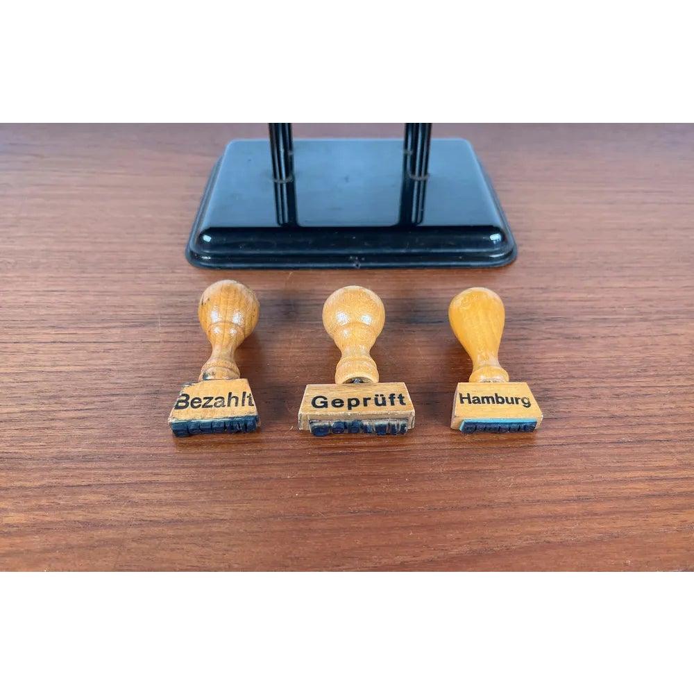 Set of 4 Mid-Century German Metal Office Rubber Stamp Holder and 3 Stamps, 1960s For Sale 7