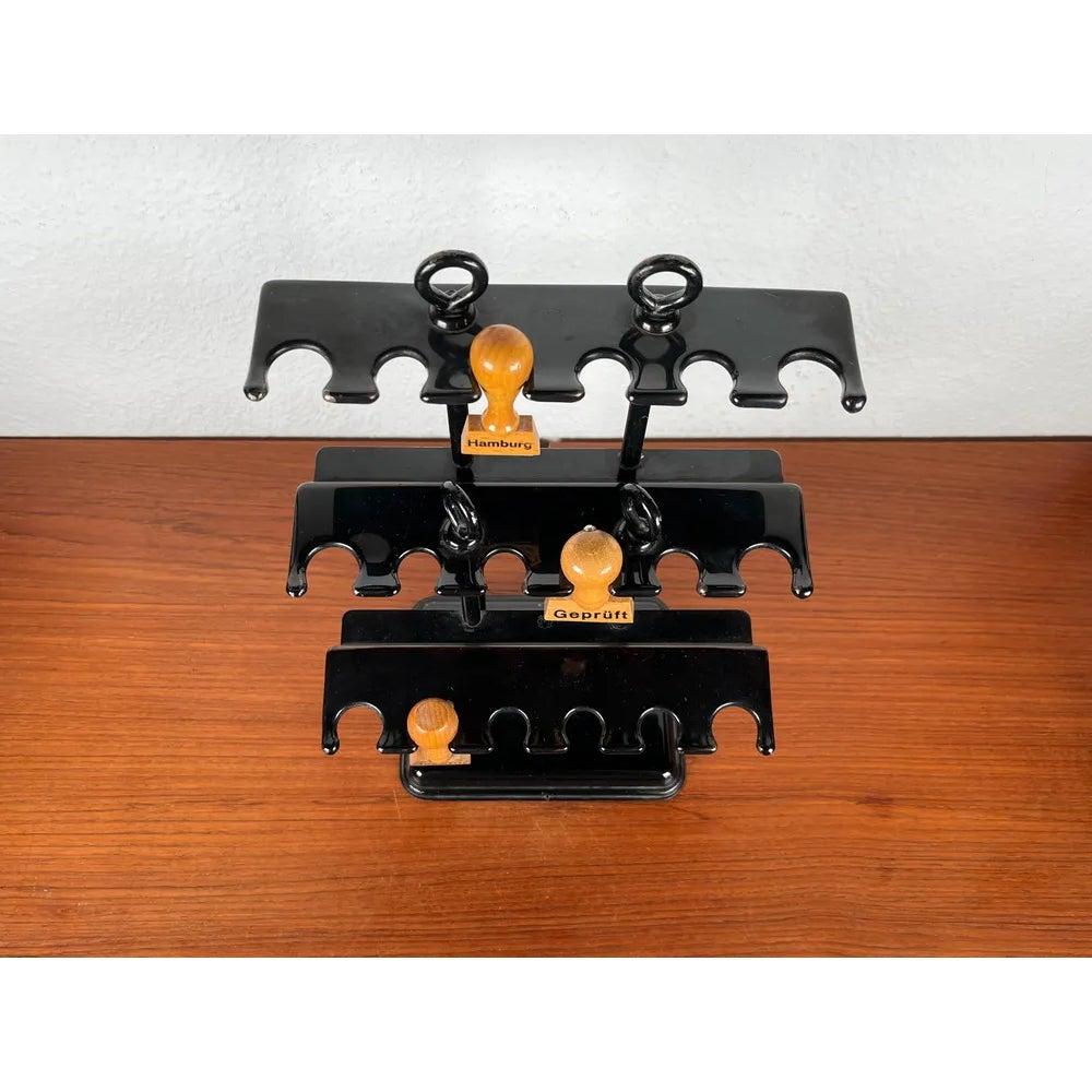 Set of 4 Mid-Century German Metal Office Rubber Stamp Holder and 3 Stamps, 1960s In Excellent Condition For Sale In Hamburg, DE
