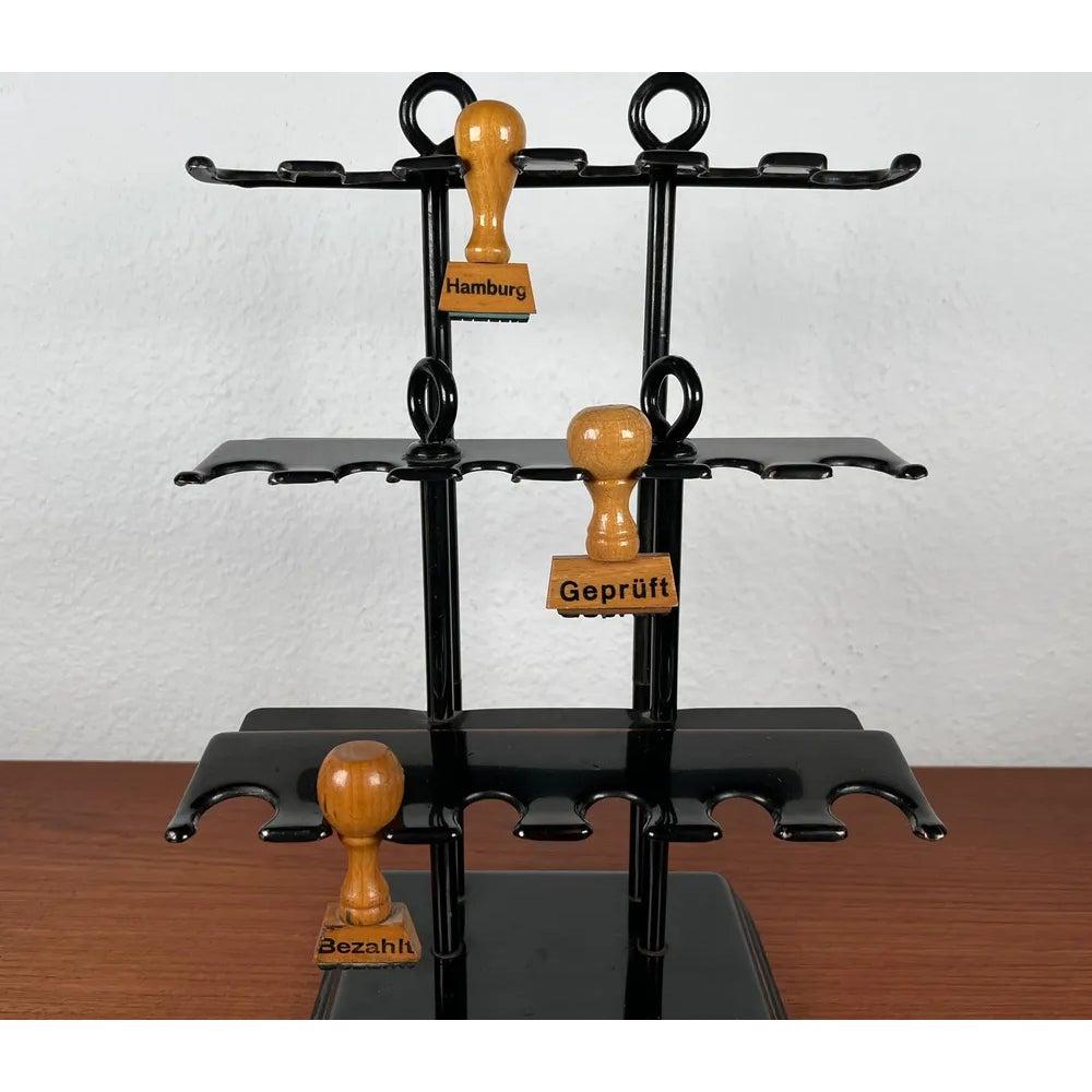 Set of 4 Mid-Century German Metal Office Rubber Stamp Holder and 3 Stamps, 1960s For Sale 4