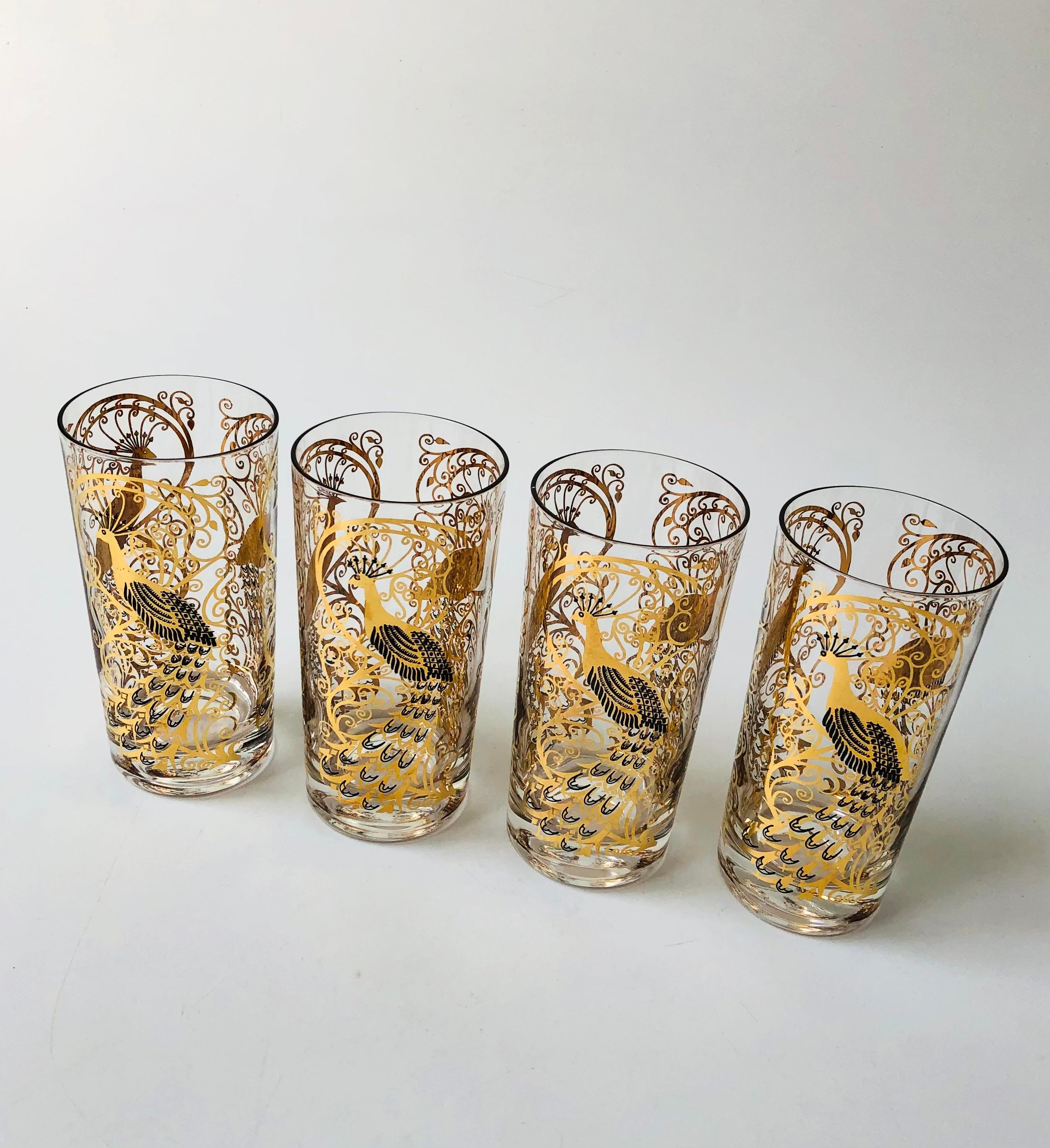 Hollywood Regency Set of 4 Mid Century Gold Peacock Highball Tumblers by Osborne Kemper Thomas