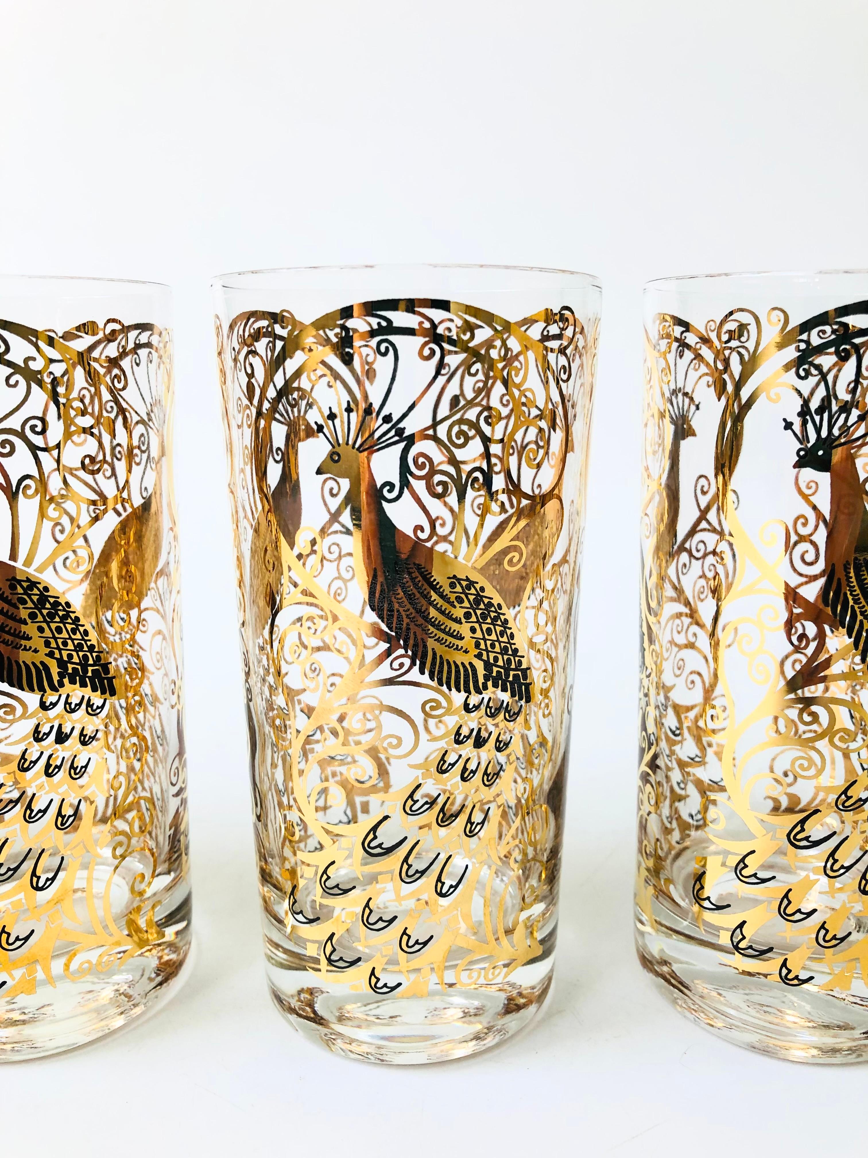 Set of 4 Mid Century Gold Peacock Highball Tumblers by Osborne Kemper Thomas In Good Condition In Fairfield, CA