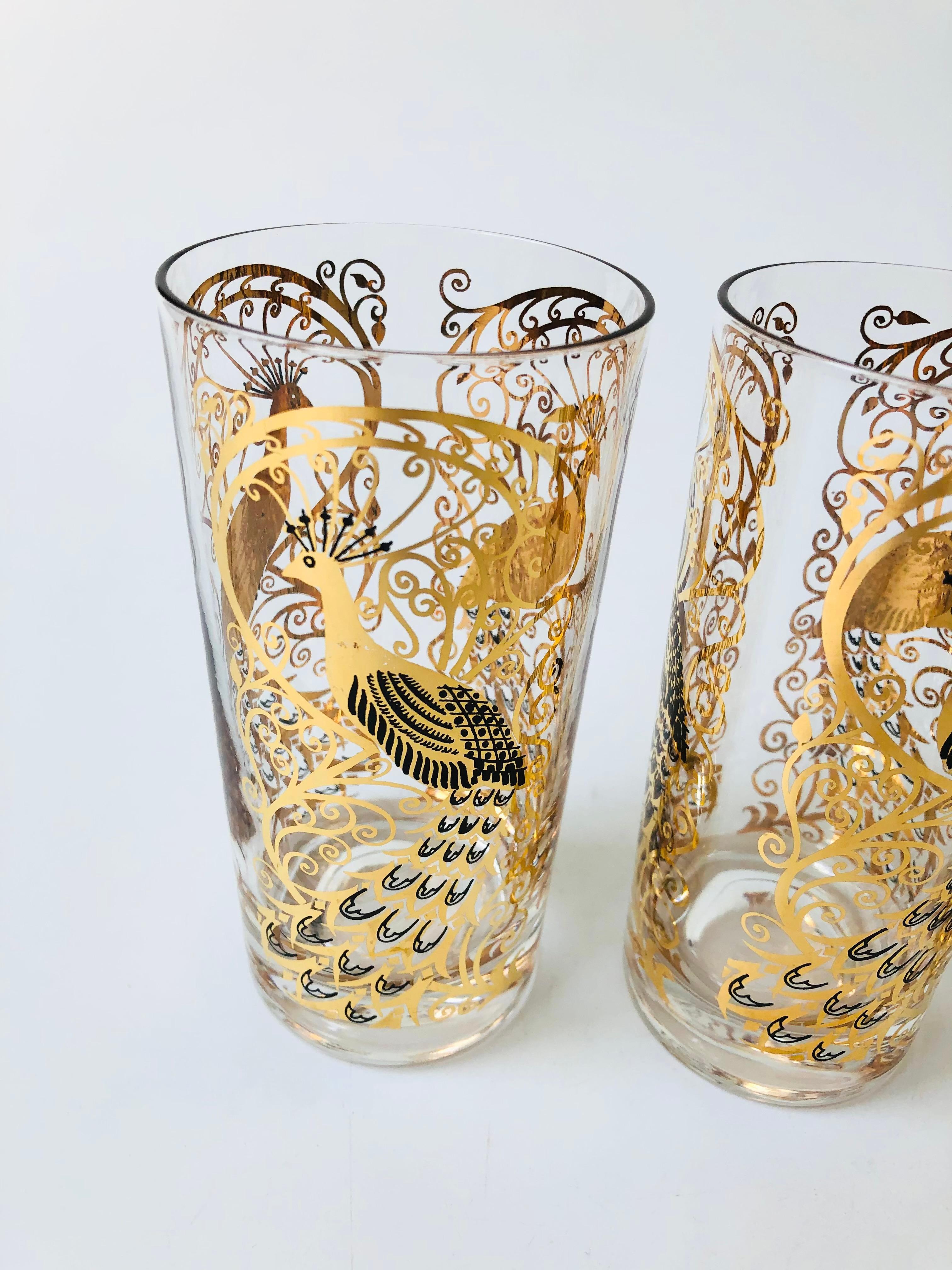20th Century Set of 4 Mid Century Gold Peacock Highball Tumblers by Osborne Kemper Thomas